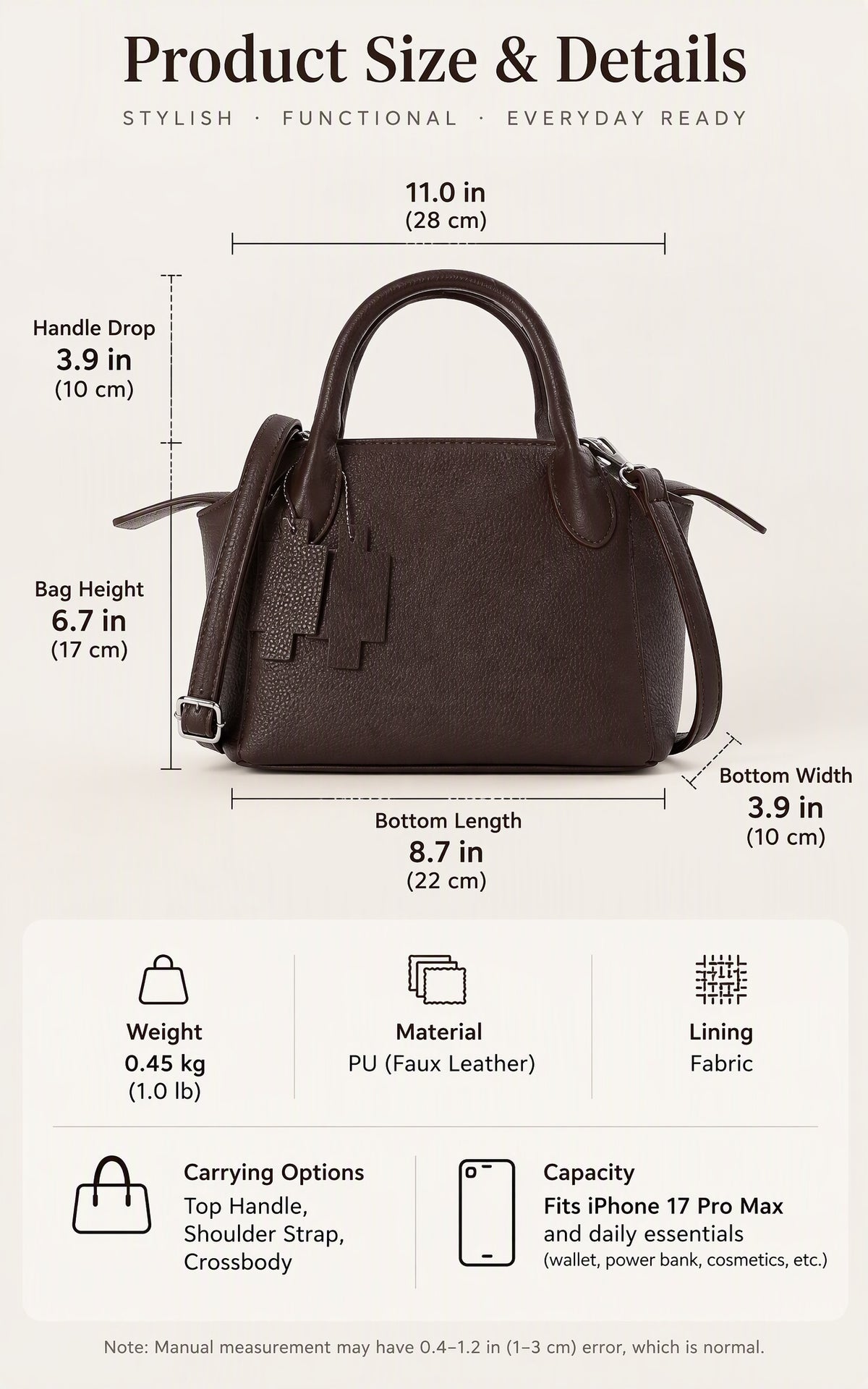 Compact Structured Shoulder Bag with Detachable Crossbody Strap