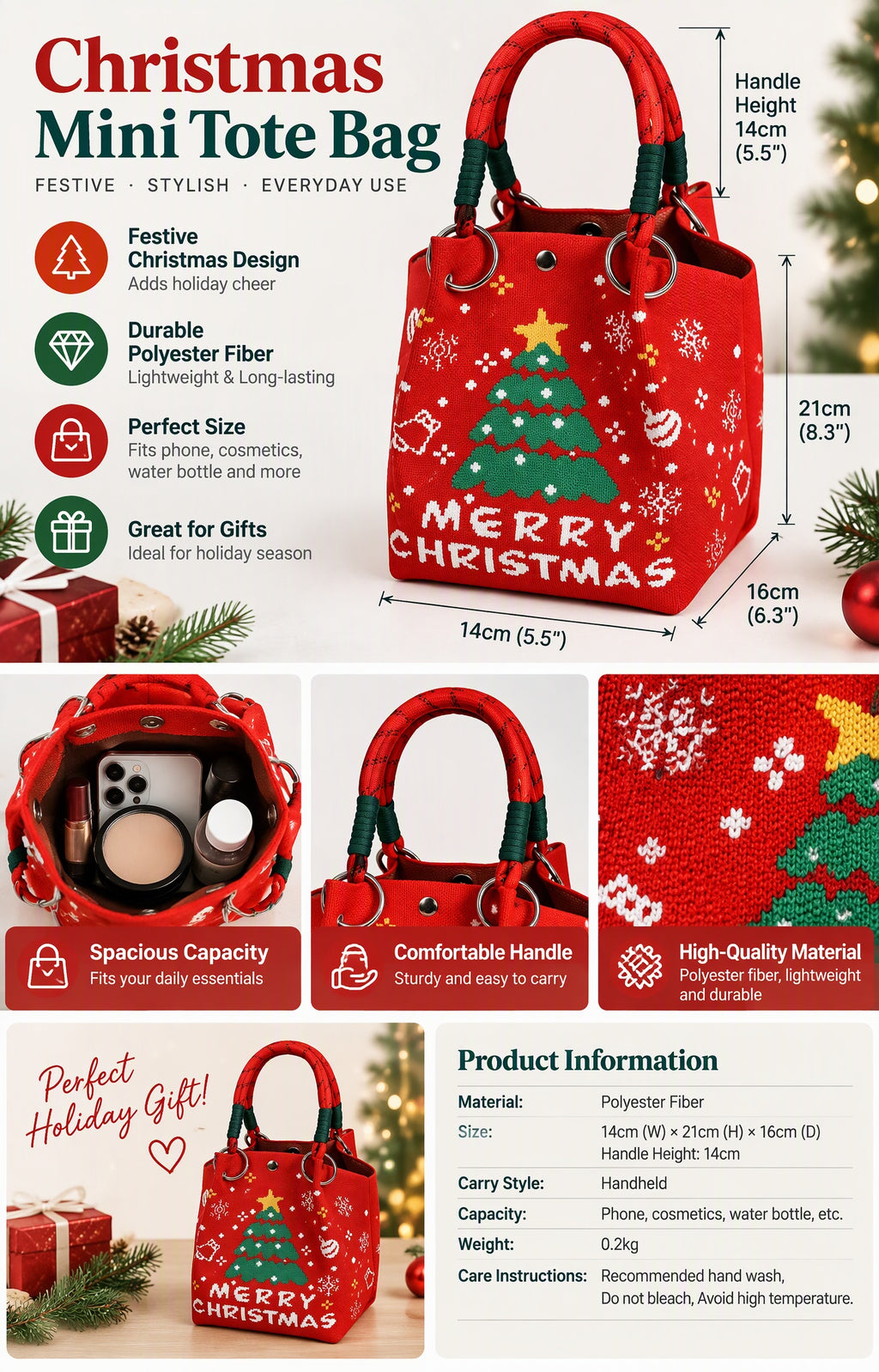 Christmas Knitted Mini Bucket Bag with Rope Handles