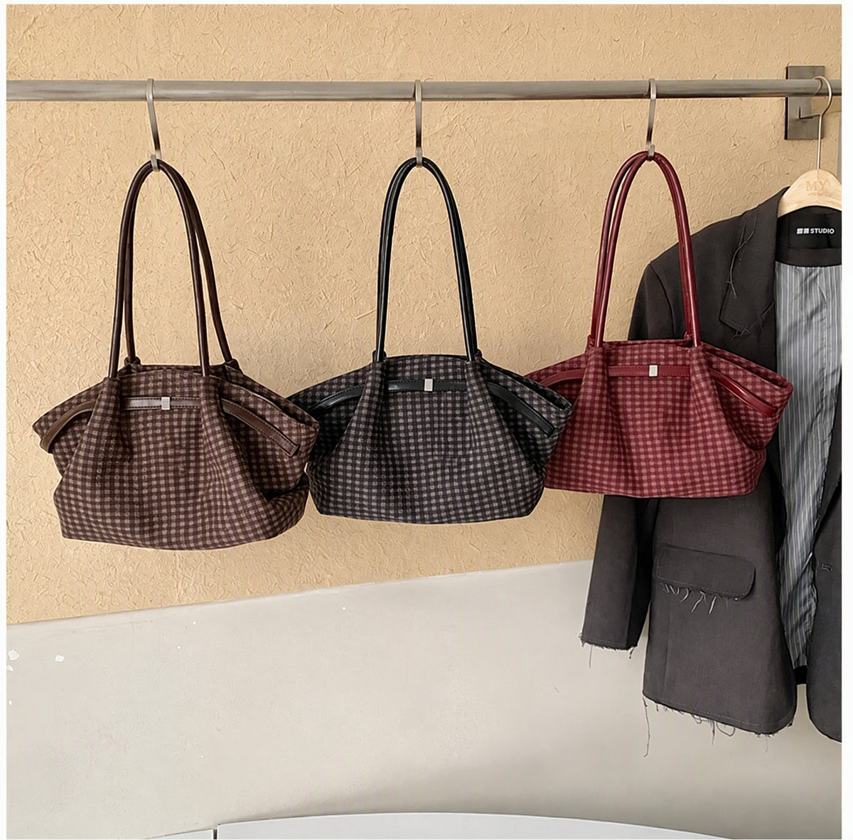 Vintage Suede Plaid Shoulder Tote Bag