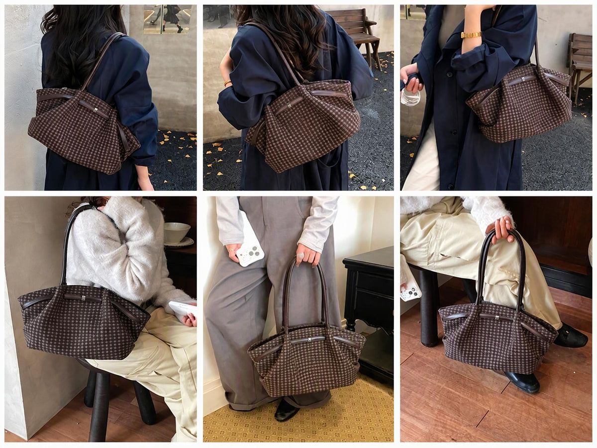 Vintage Suede Plaid Shoulder Tote Bag