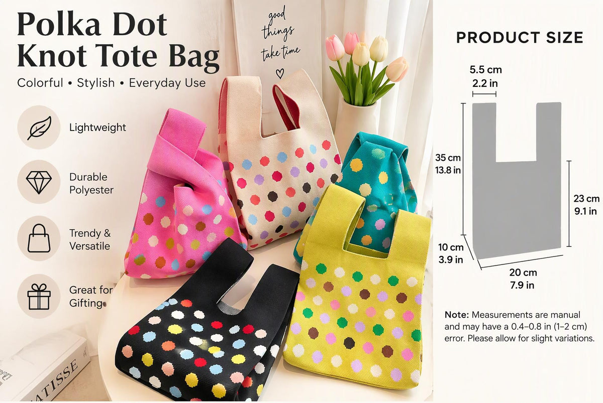Polka Dot Knit Tote Bag with Wide Handles