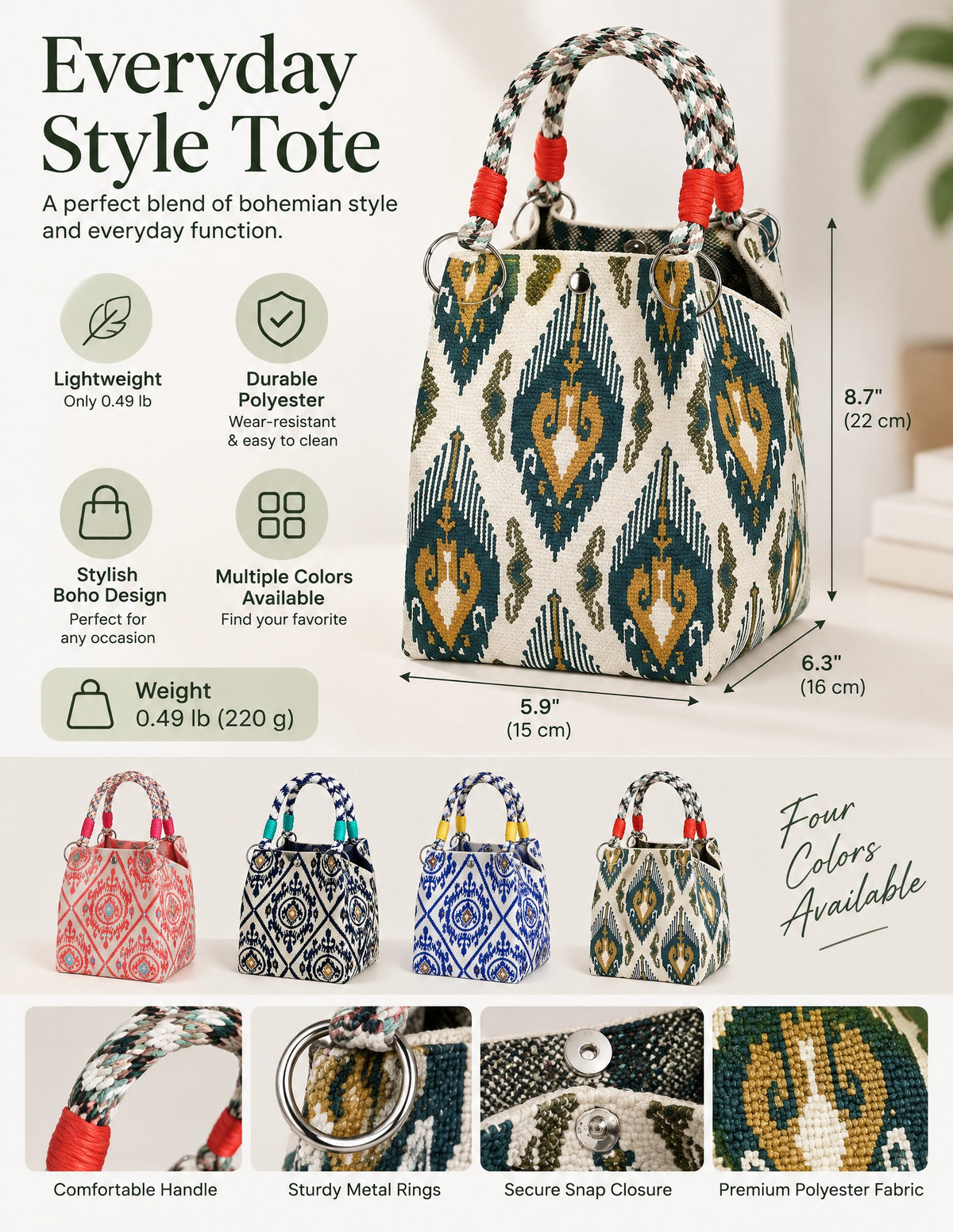 Boho Geometric Knit Tote Bag with Rope Handles
