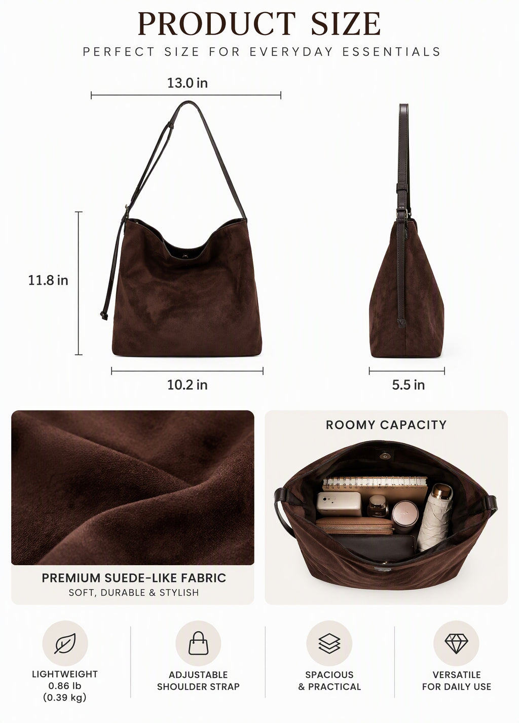 Cozy Fall Winter Suede Shoulder Bag with Adjustable Strap