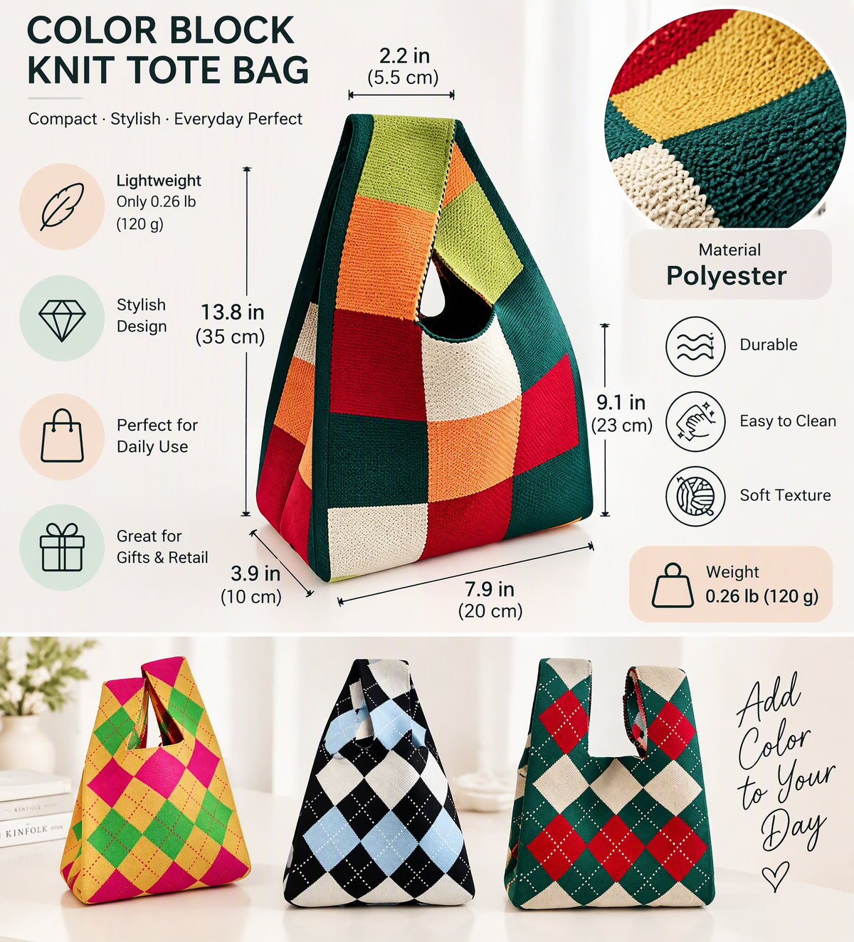 Colorful Geometric Knit Tote With Wide Handles