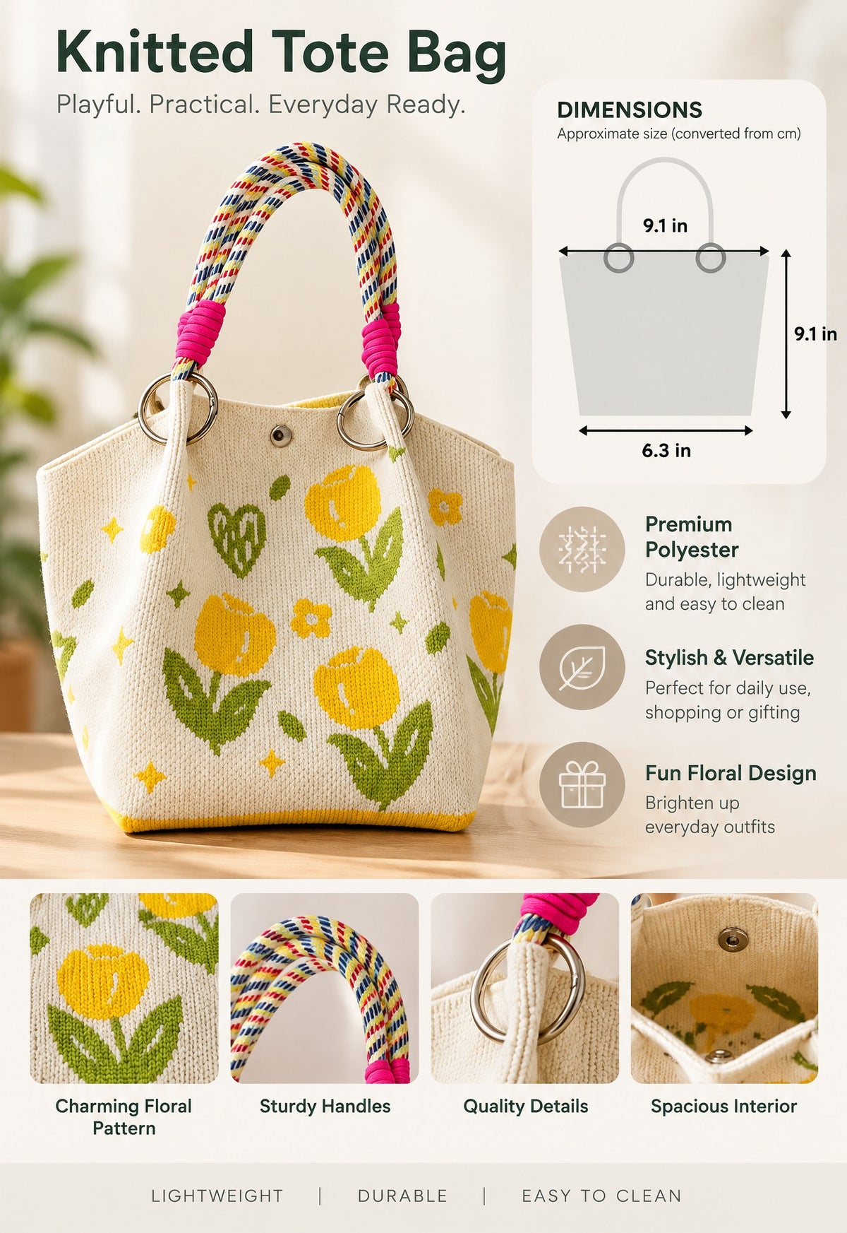 Cute Floral Print Braided Handle Tote Bag