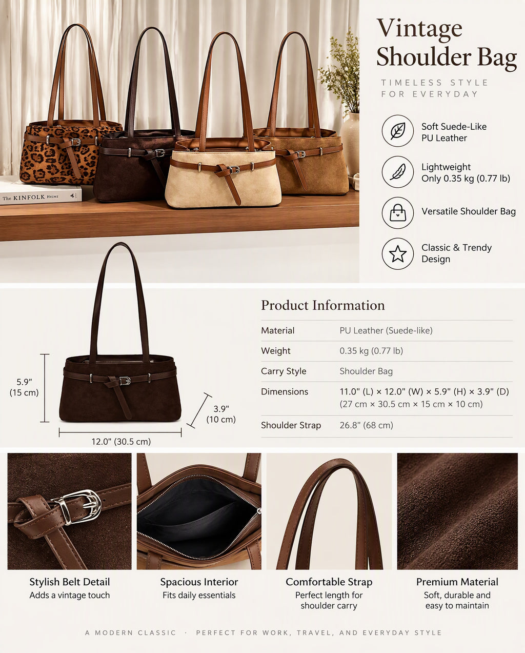Elegant Suede Shoulder Bag with Buckle Detail