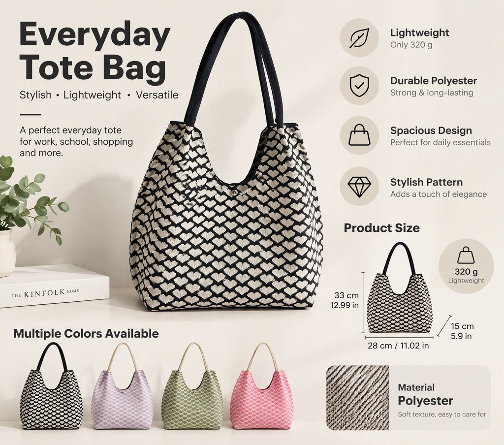 Heart Pattern Knitted Tote Bag