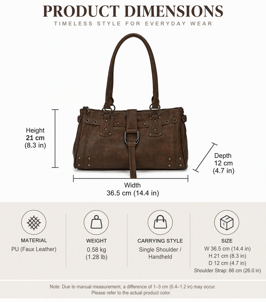 Structured PU Leather Shoulder Tote Bag with Rivet Detail