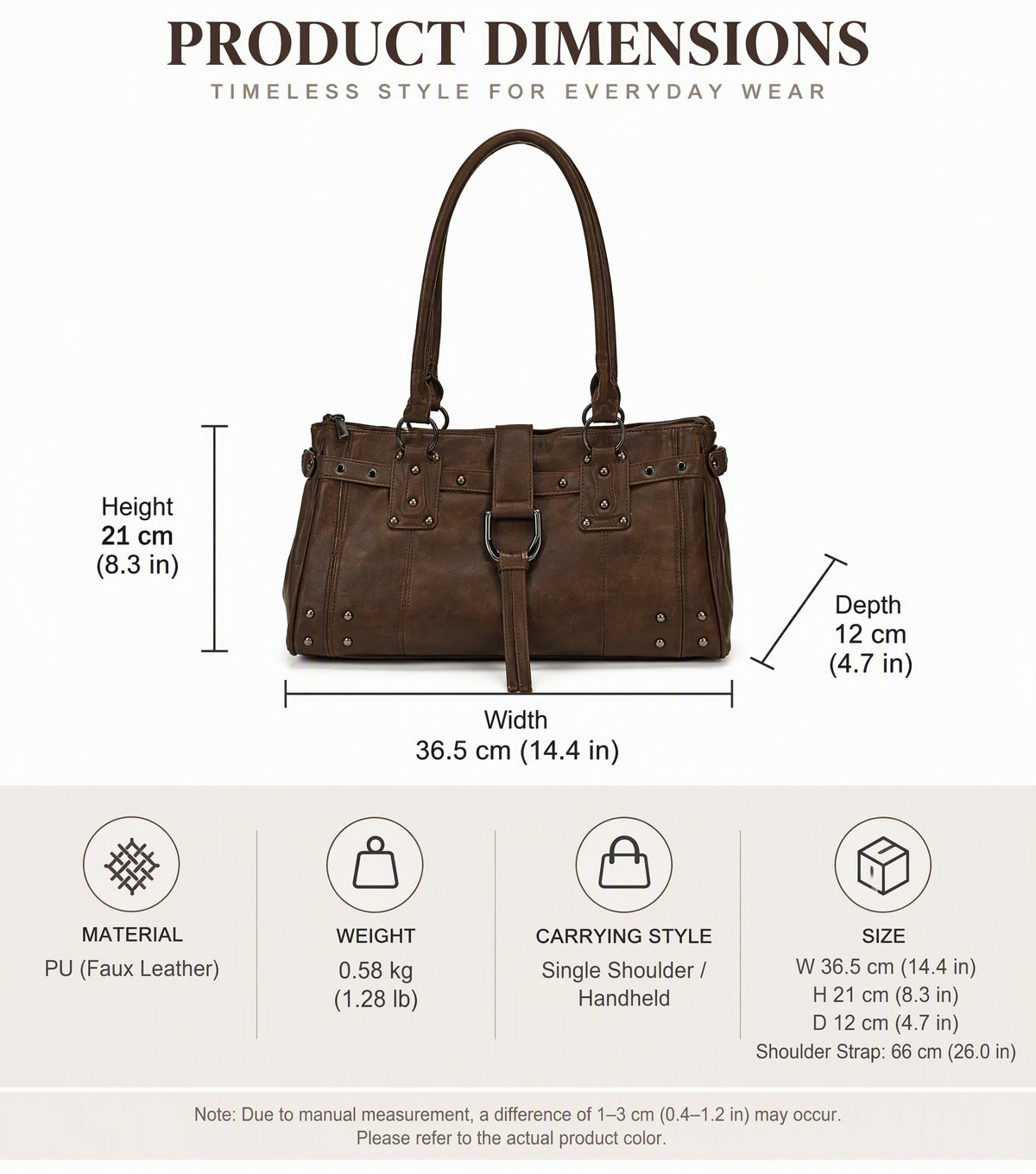 Structured PU Leather Shoulder Tote Bag with Rivet Detail