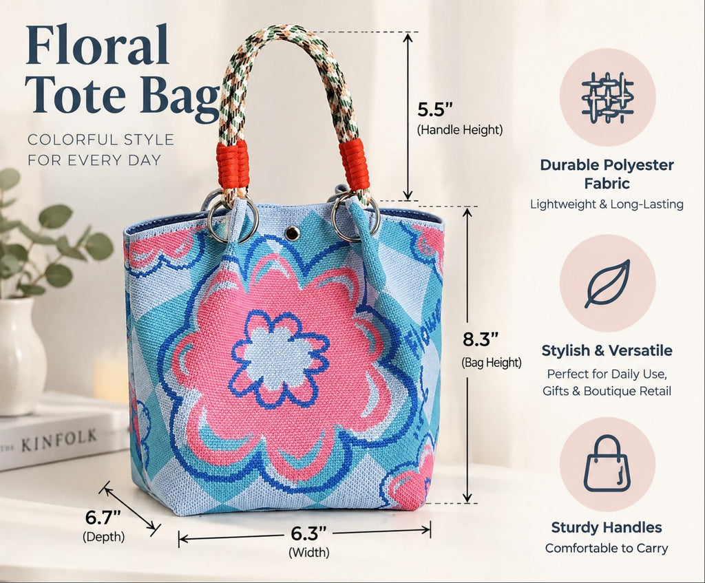 Floral Print Braided Handle Knit Bucket Bag