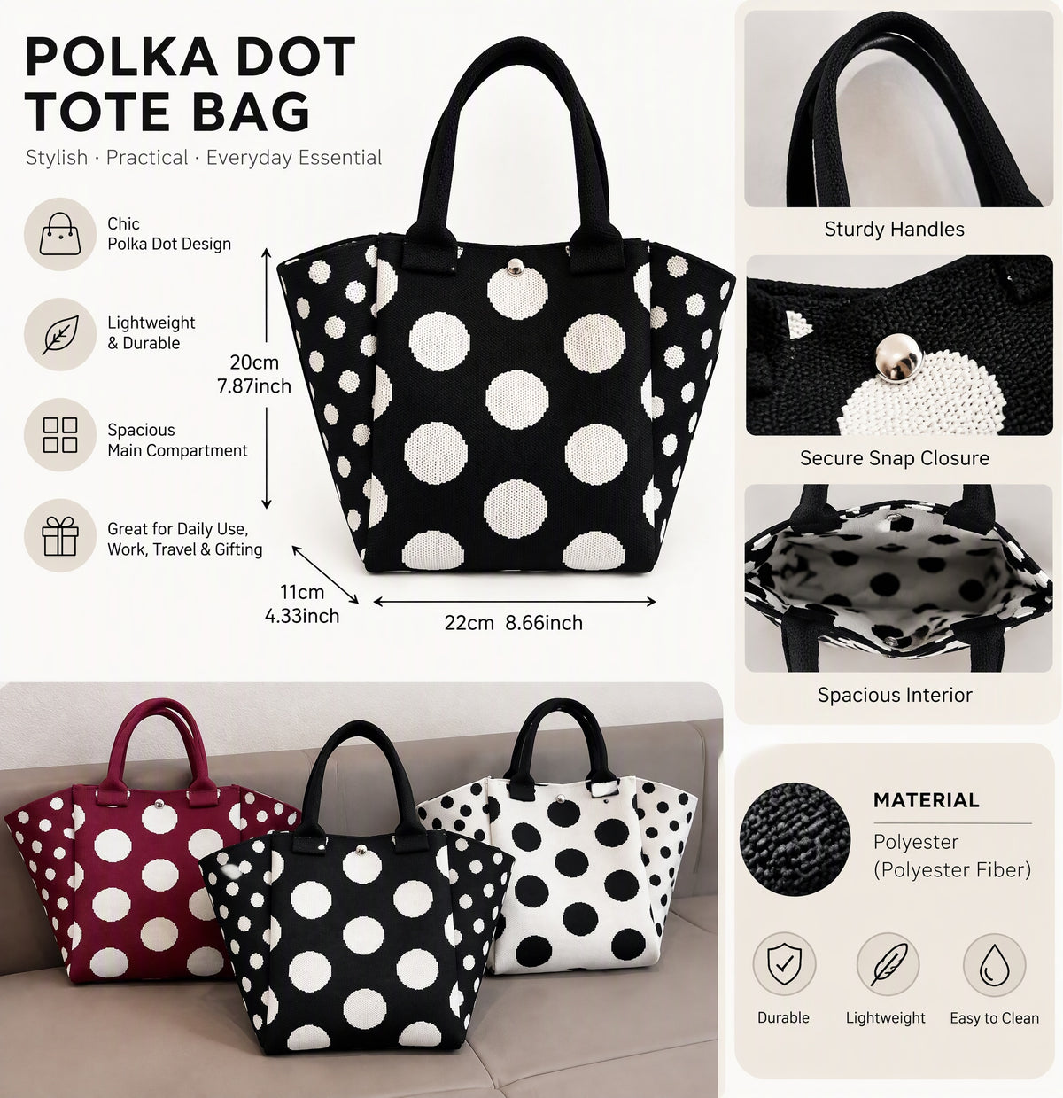 Chic Polka-Dot Knitted Pattern Mini Tote Handbag