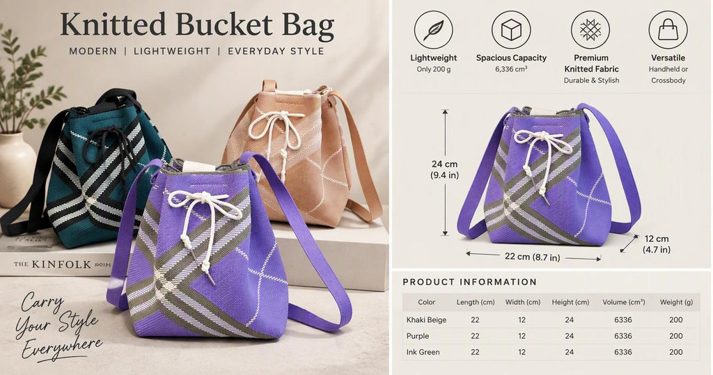 Geometric Knit Bucket Bag with Drawstring