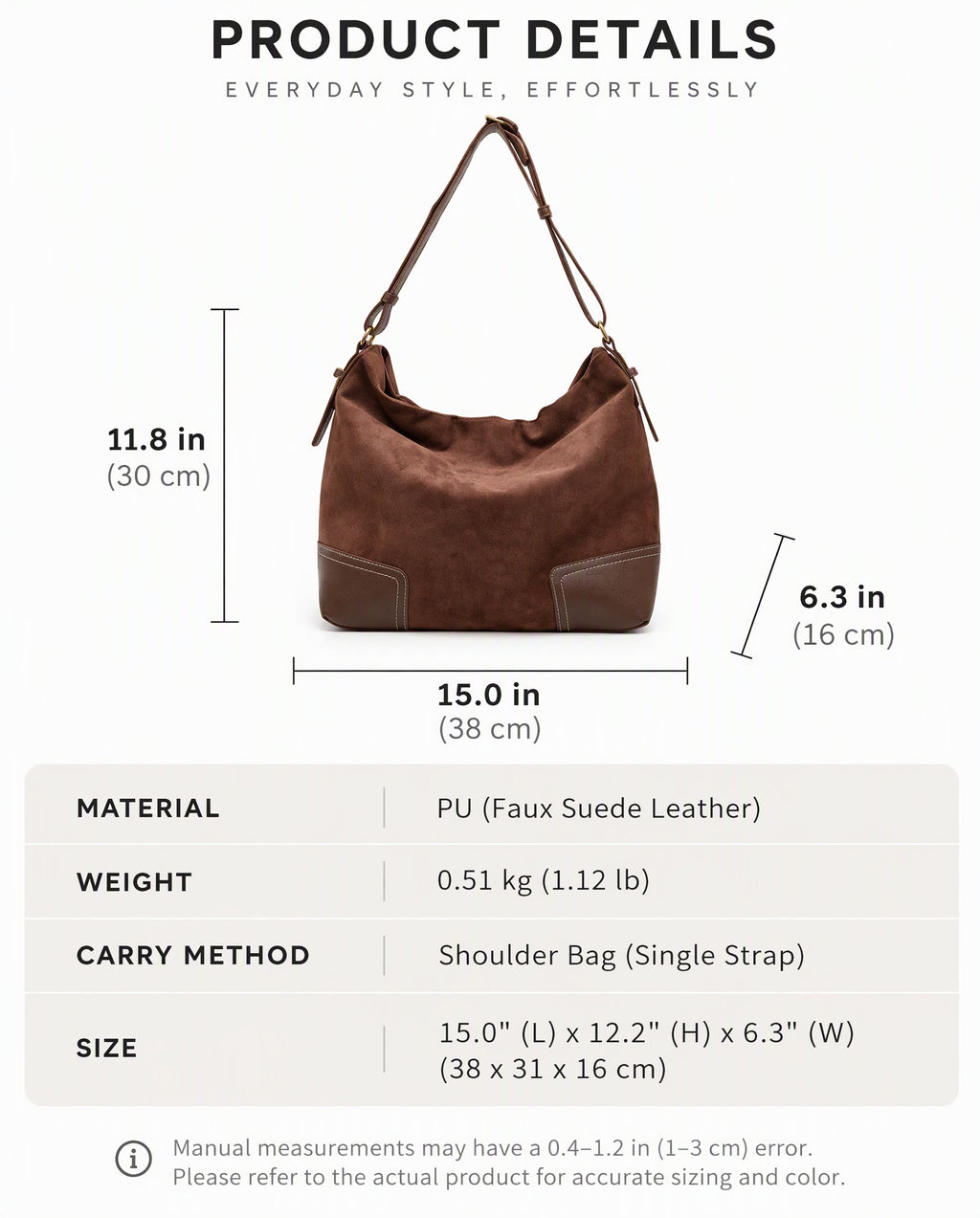 Vintage Suede Hobo Shoulder Bag with PU Leather Accents