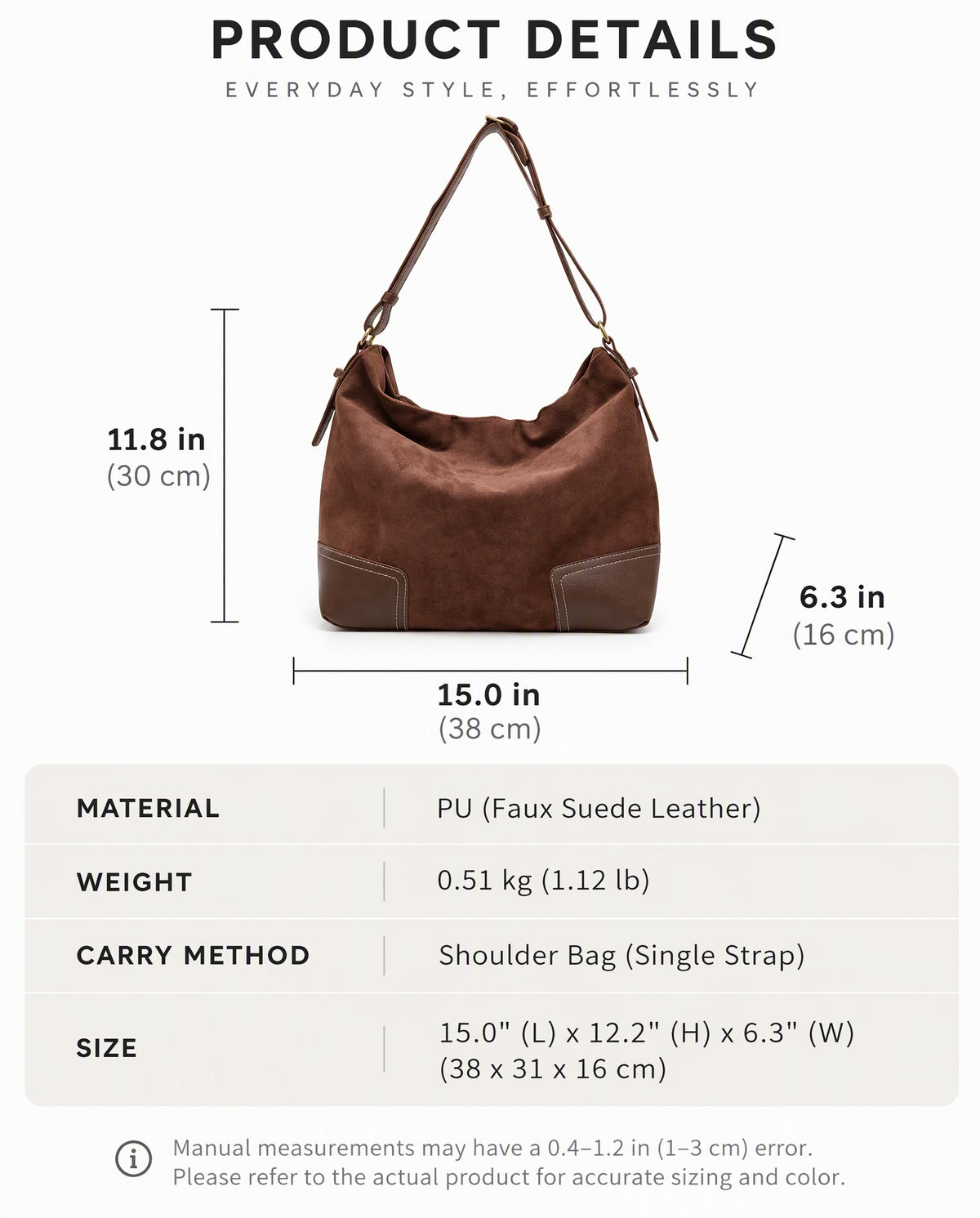 Vintage Suede Hobo Shoulder Bag with PU Leather Accents