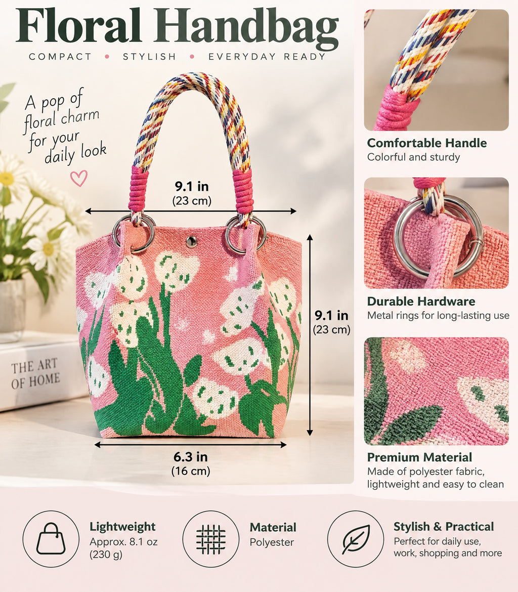 Valentine's Day Floral Braided Handle Knit Bucket Handbag
