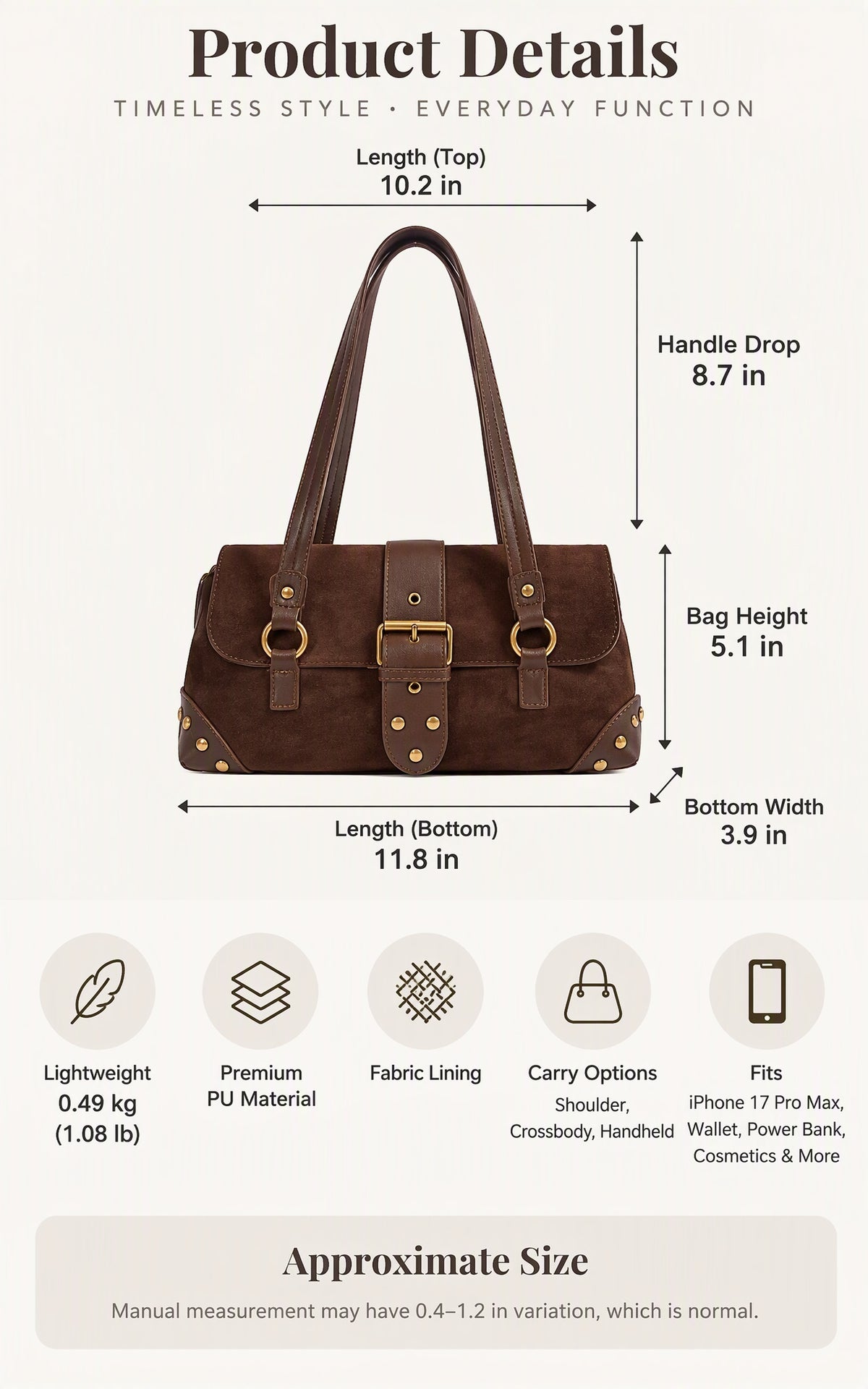 Chic Studded Suede Shoudler Bag with Buckle Detail