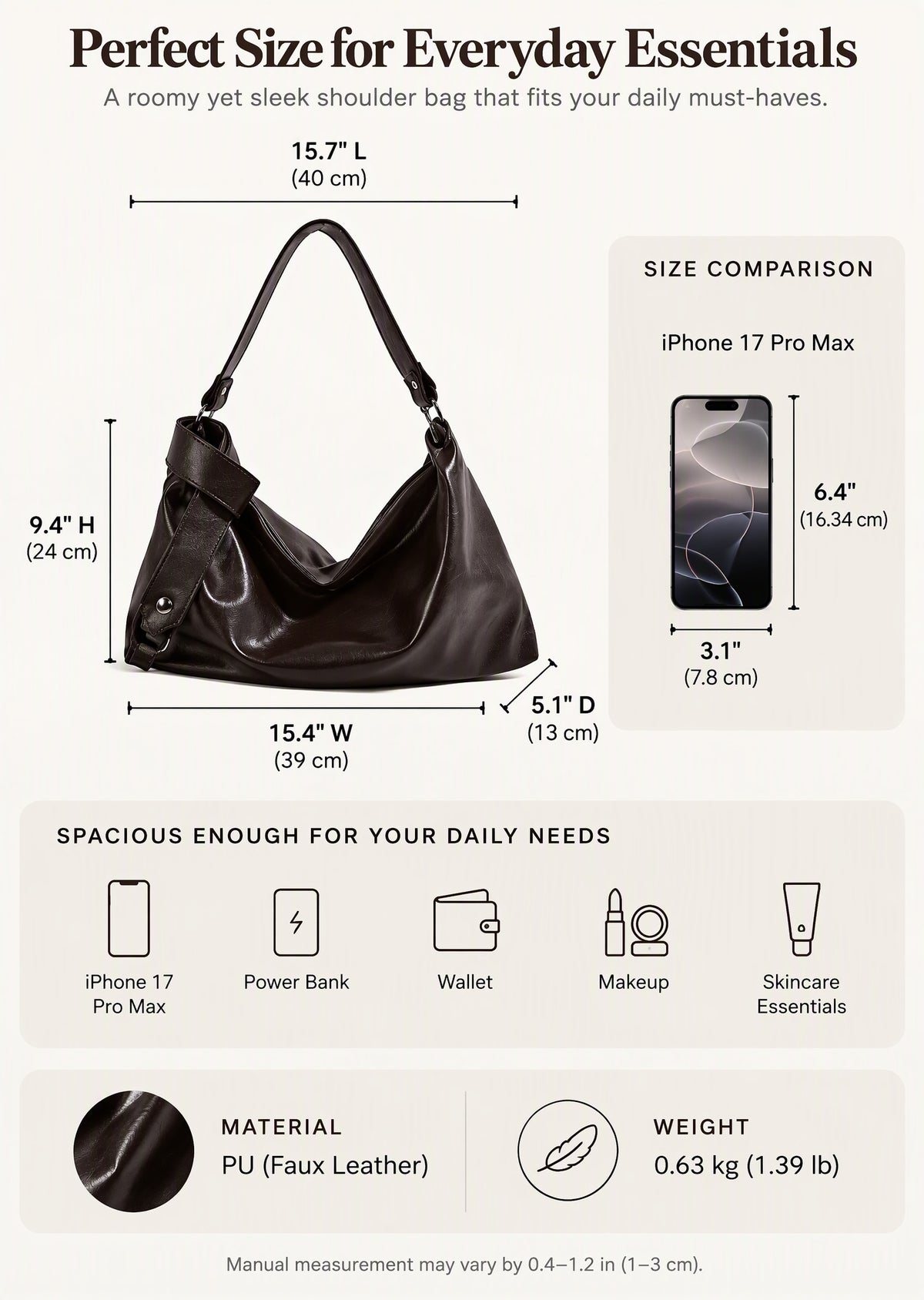 Slouchy PU Leather Hobo Bag with Statement Strap