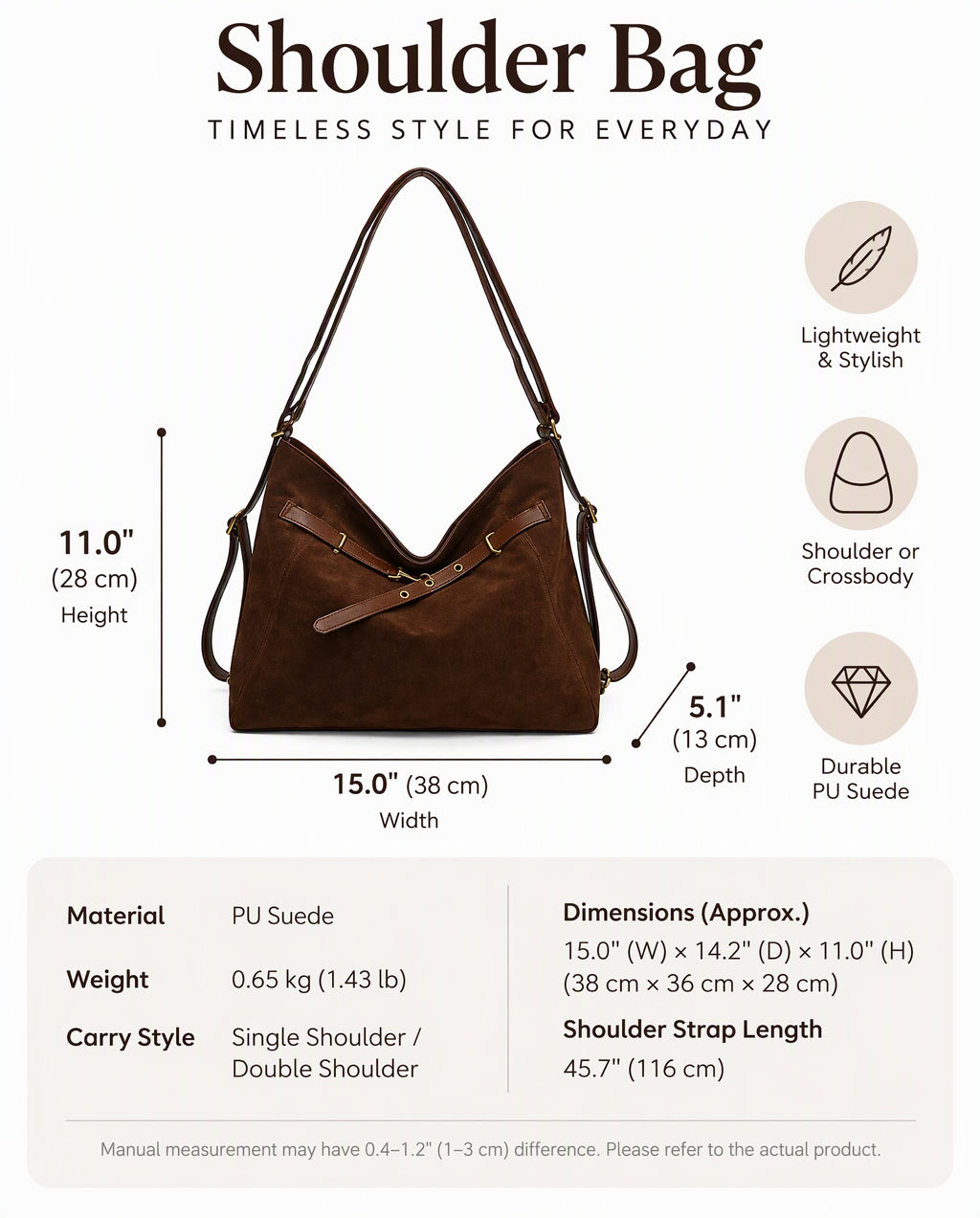 Cozy Suede Look Shoulder Bag with Buckle Detail