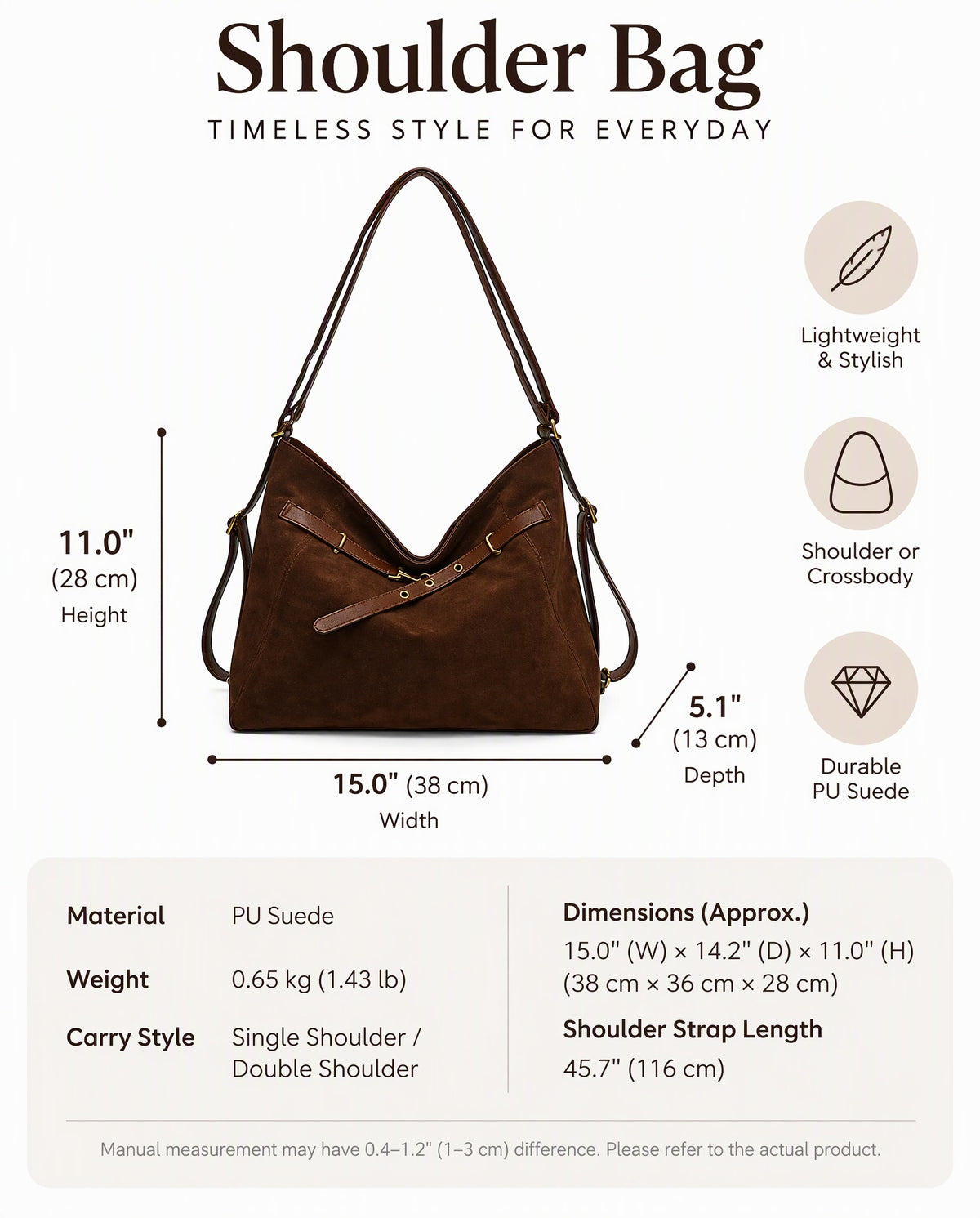 Cozy Suede Look Shoulder Bag with Buckle Detail