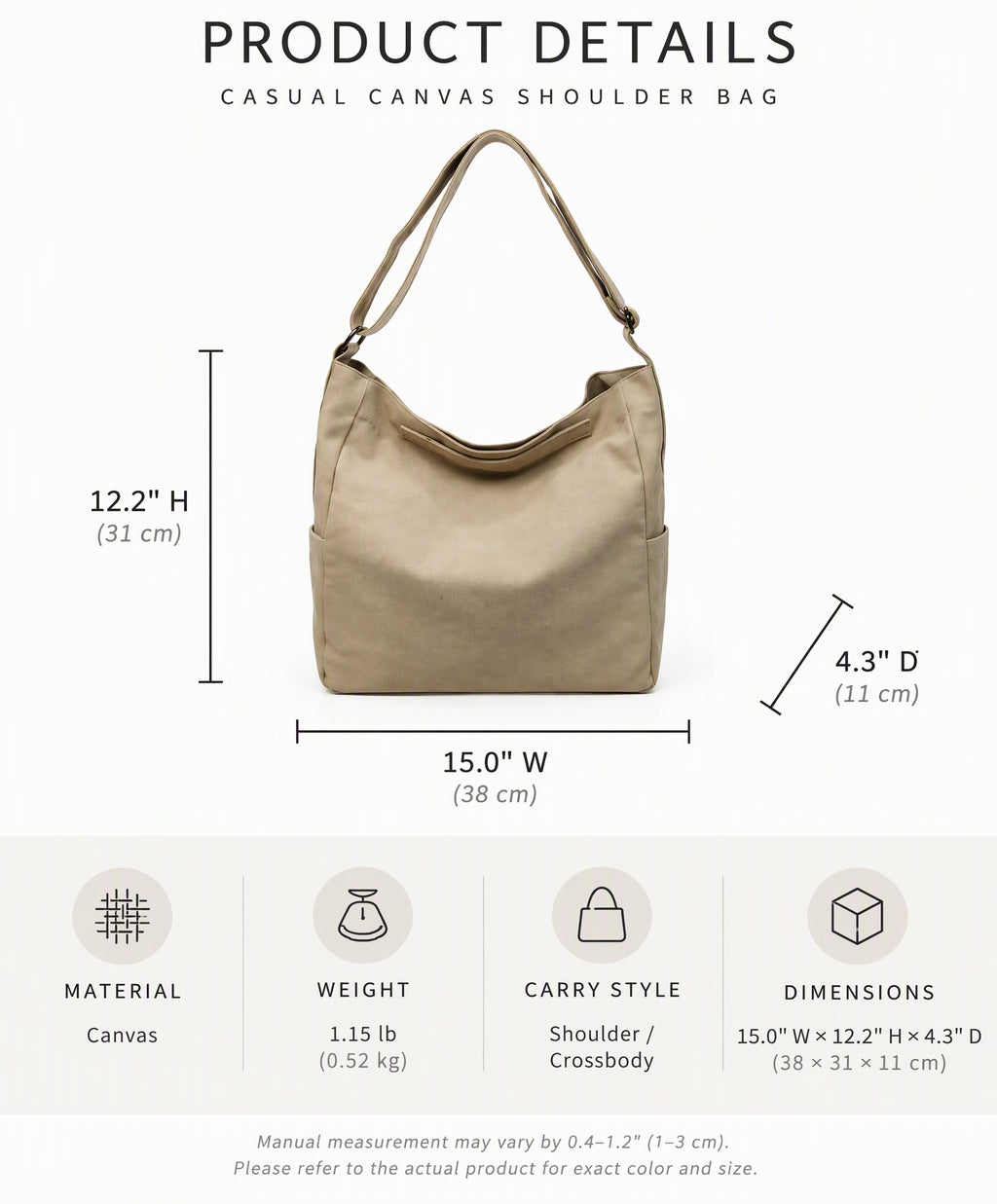 Vintage Canvas Hobo Shoulder Bag with Adjustable Strap and Cup Holder
