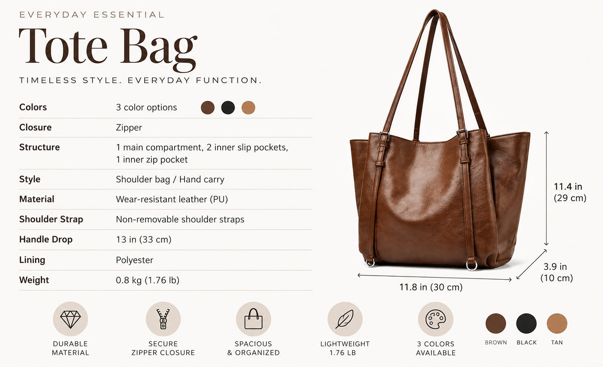 Large Capacity PU Leather Tote Bag with Zipper