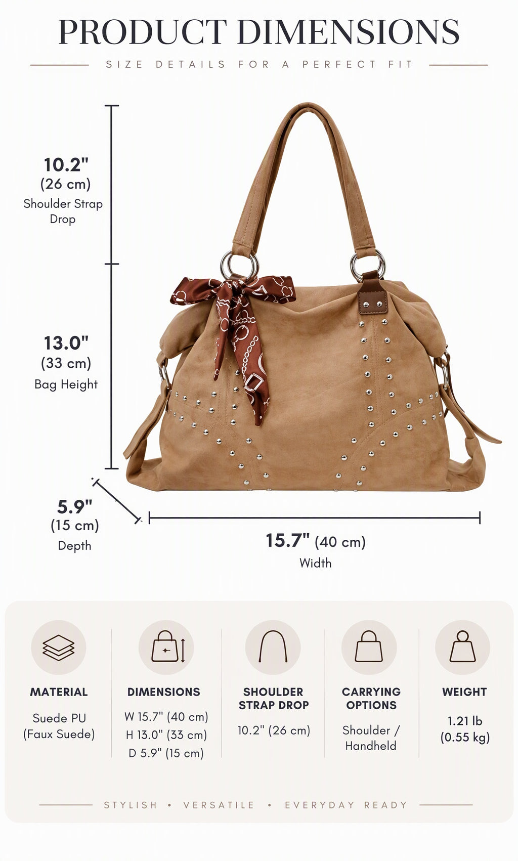 Vintage Faux Suede Studded Shoulder Tote Bag with Patterned Scarf Accent