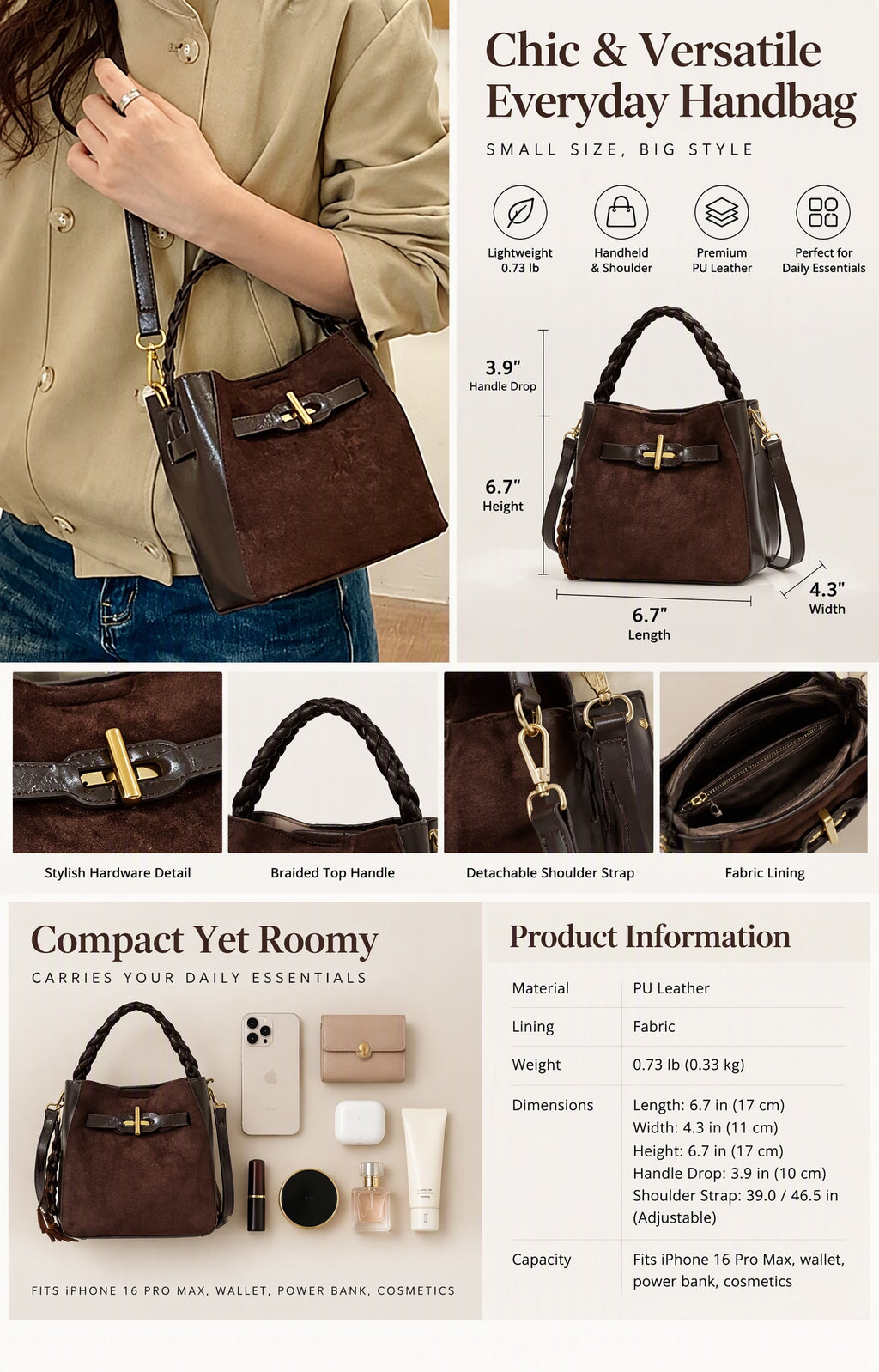 Mini PU Leather Bucket Bag with Twist Lock Detail