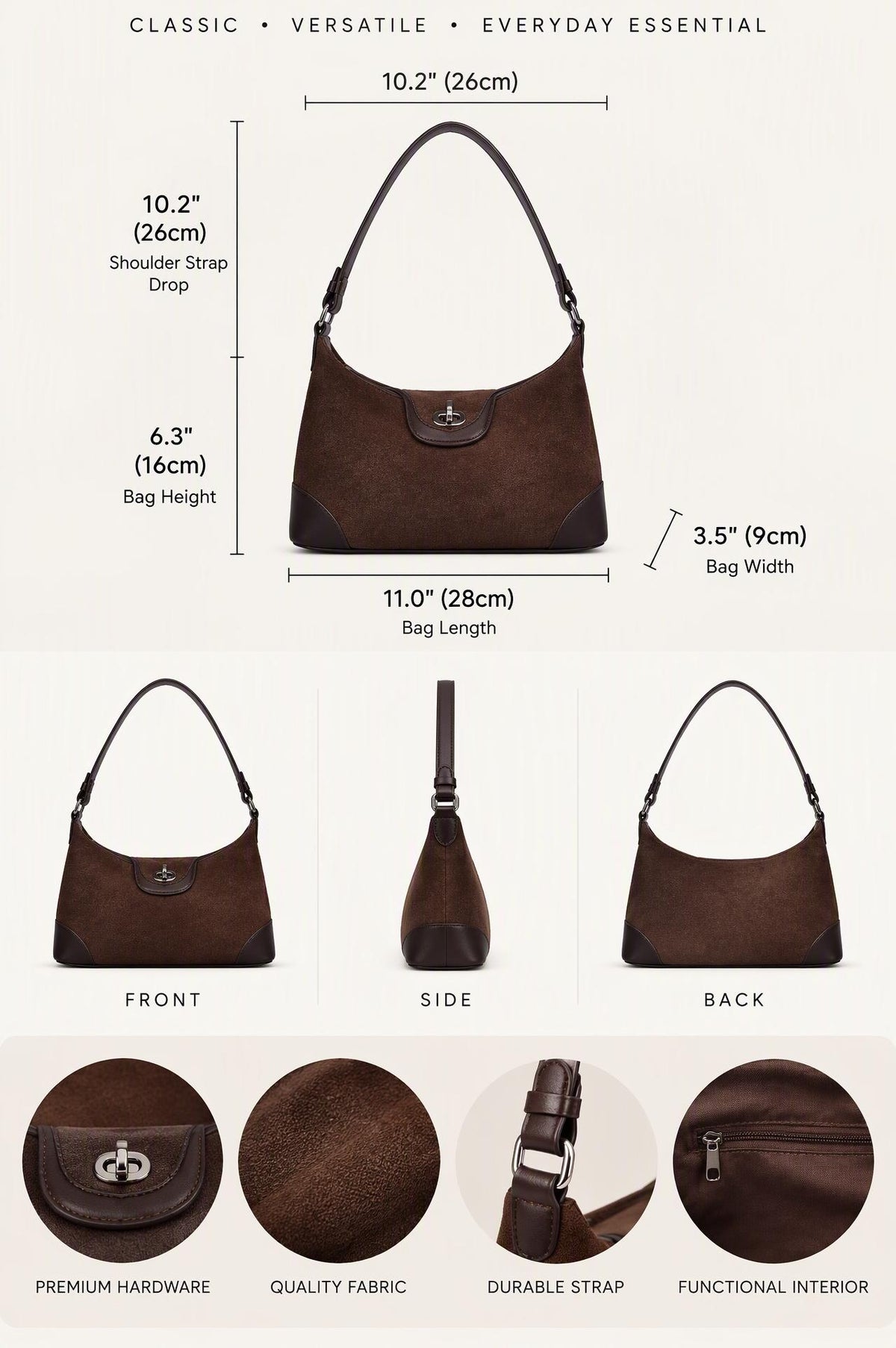 Vintage Suede Shoulder Bag with Turn-Lock