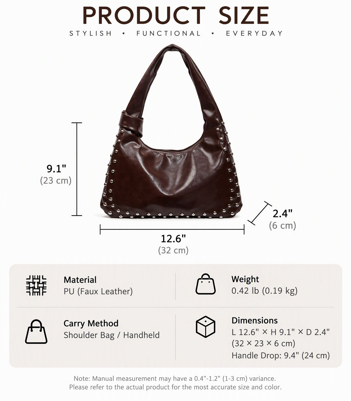 Slouchy Studded PU Shoulder Hobo Bag