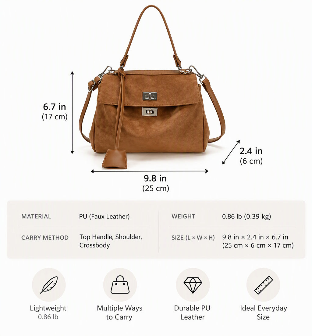 Vintage Suede Convertible Shoulder Bag with Turn-Lock Closure