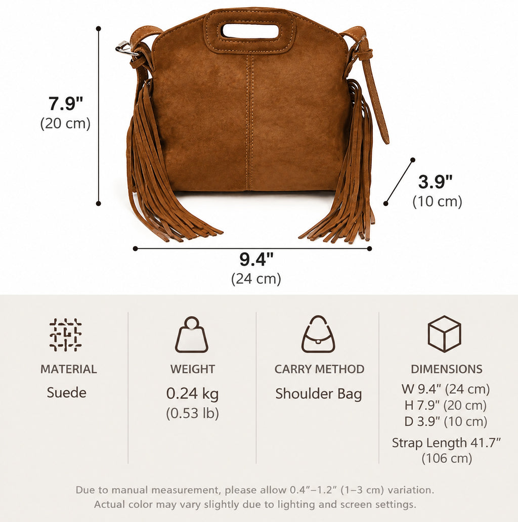 Vintage Faux Suede Fringe Crossbody Bag with Cutout Handle