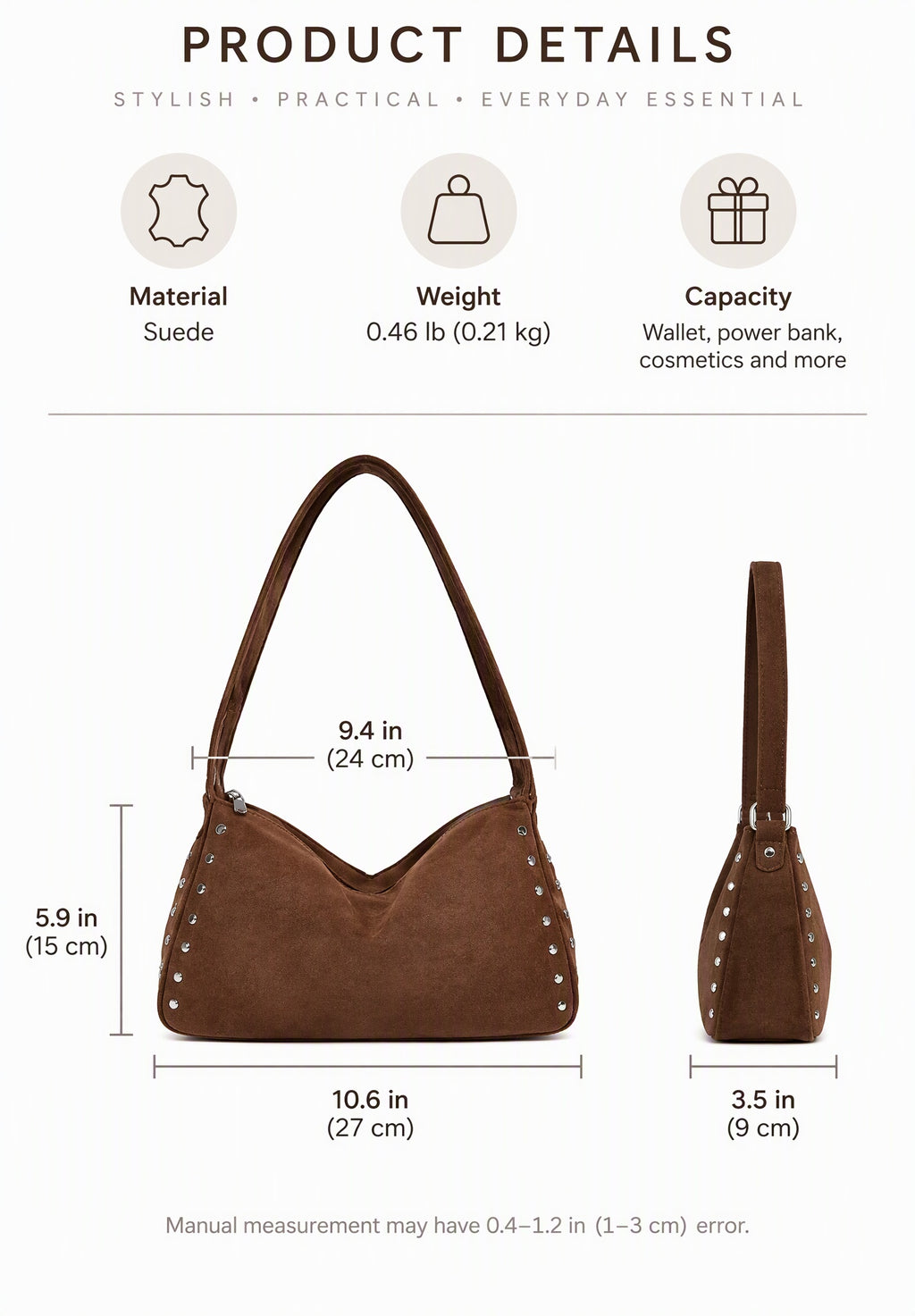 Vintage Studded Suede Hobo Shoulder Bag