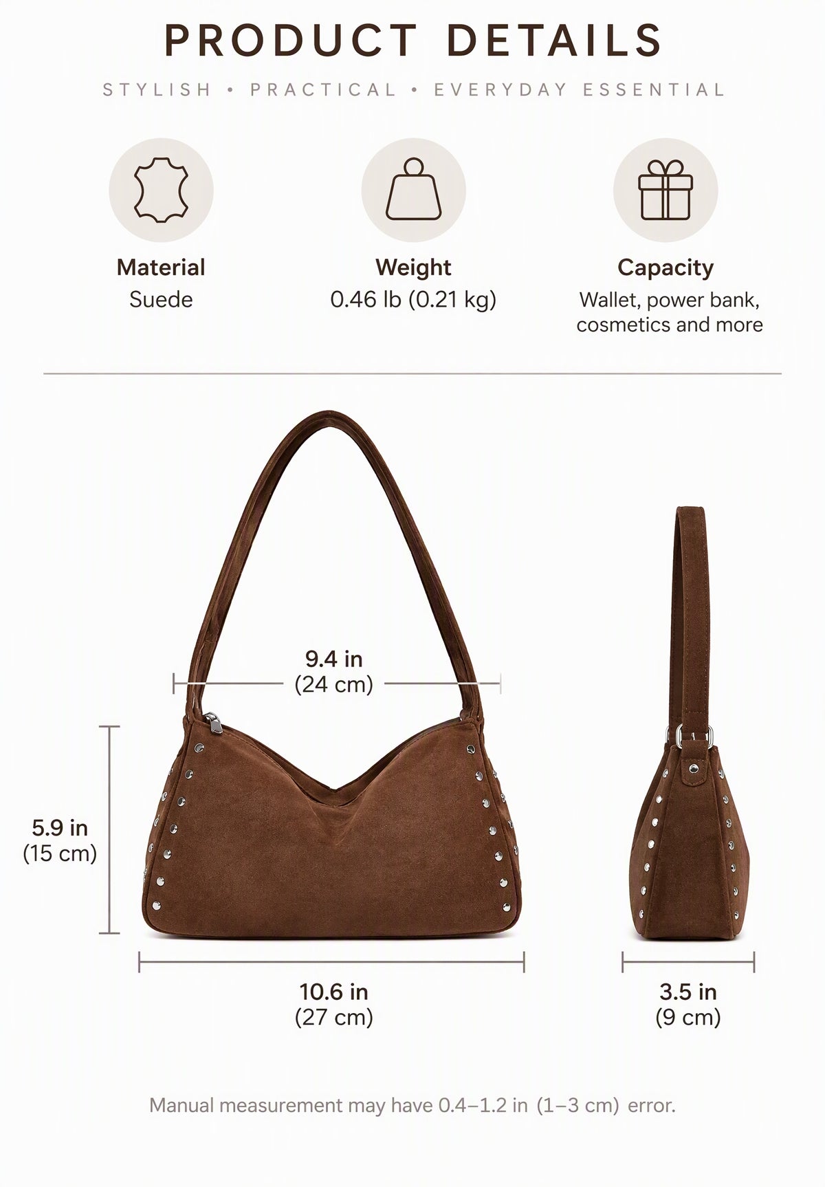 Vintage Studded Suede Hobo Shoulder Bag