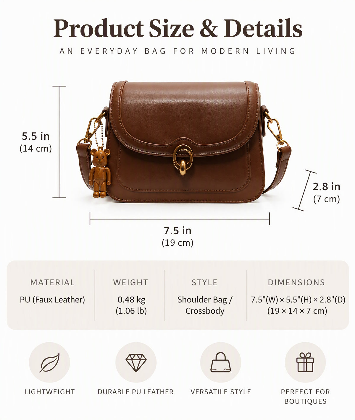 PU Leather Flap Crossbody Bag with Metal Clasp
