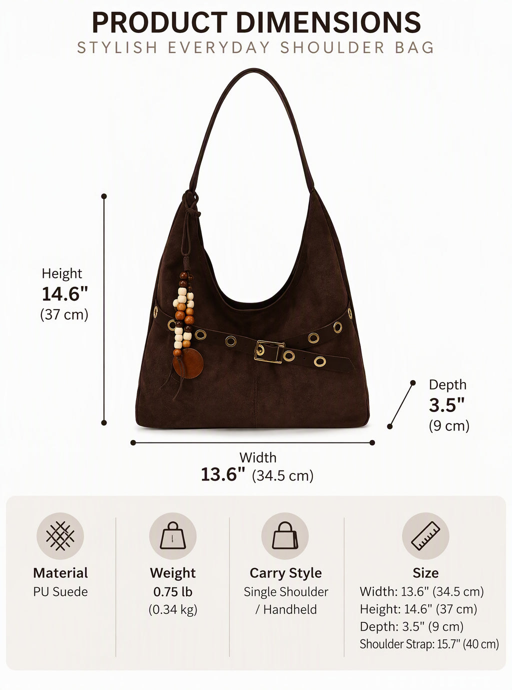 Soft Suede Texture Shoulder Bag with Studded Belt Detail