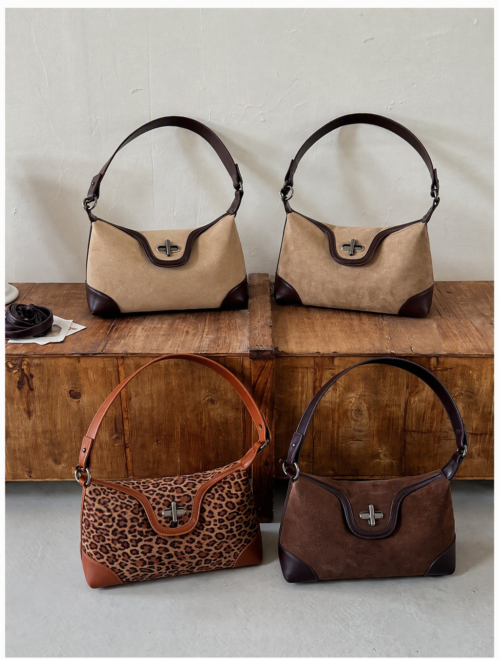 Vintage Suede Shoulder Bag with Turn-Lock