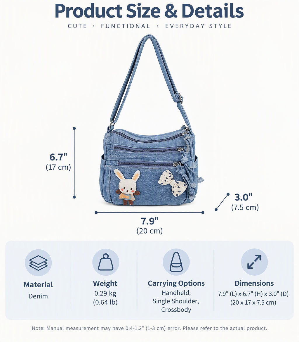 Cute Bunny Denim Crossbody Bag with Multiple Zipper Pockets