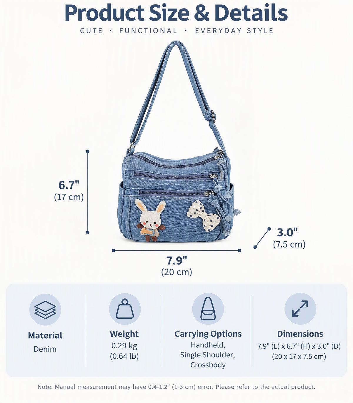 Cute Bunny Denim Crossbody Bag with Multiple Zipper Pockets