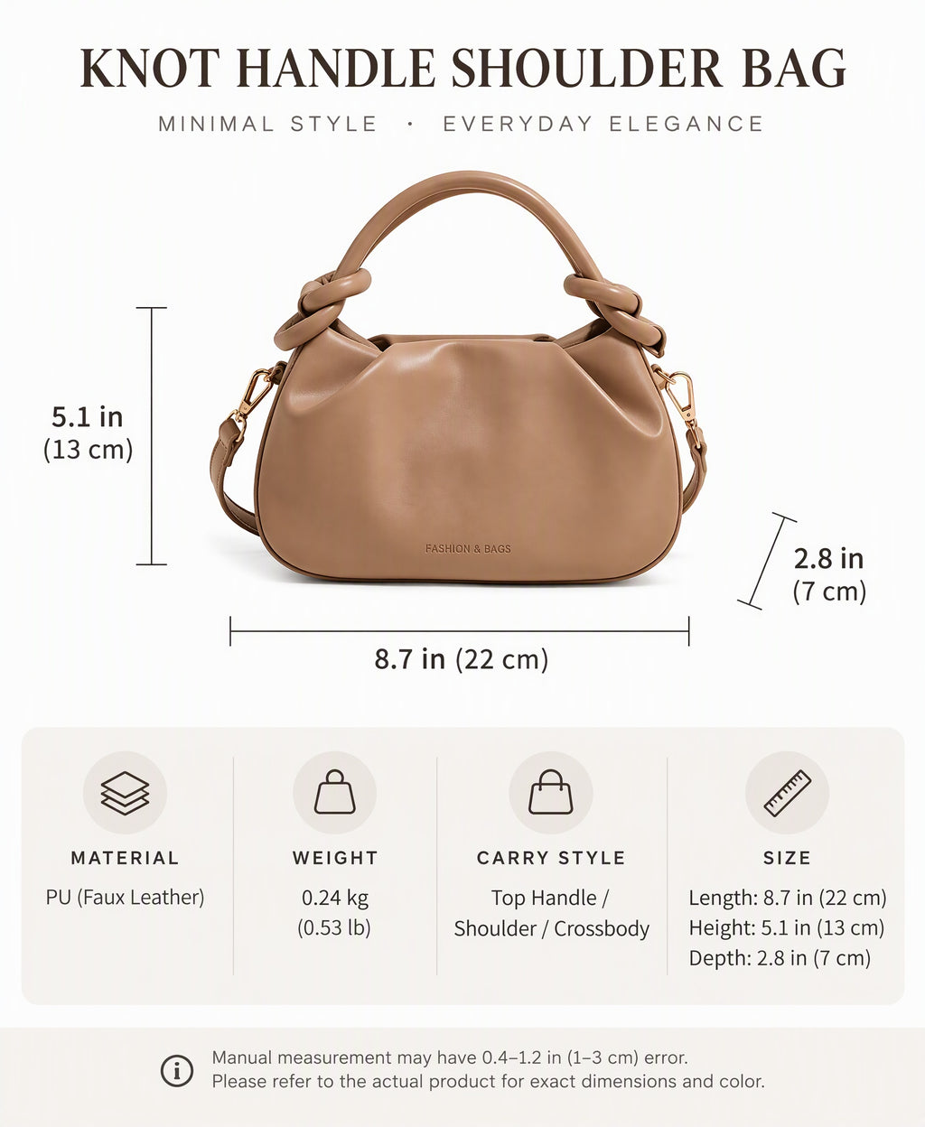 Soft PU Handbag with Knotted Handle and Crossbody Strap