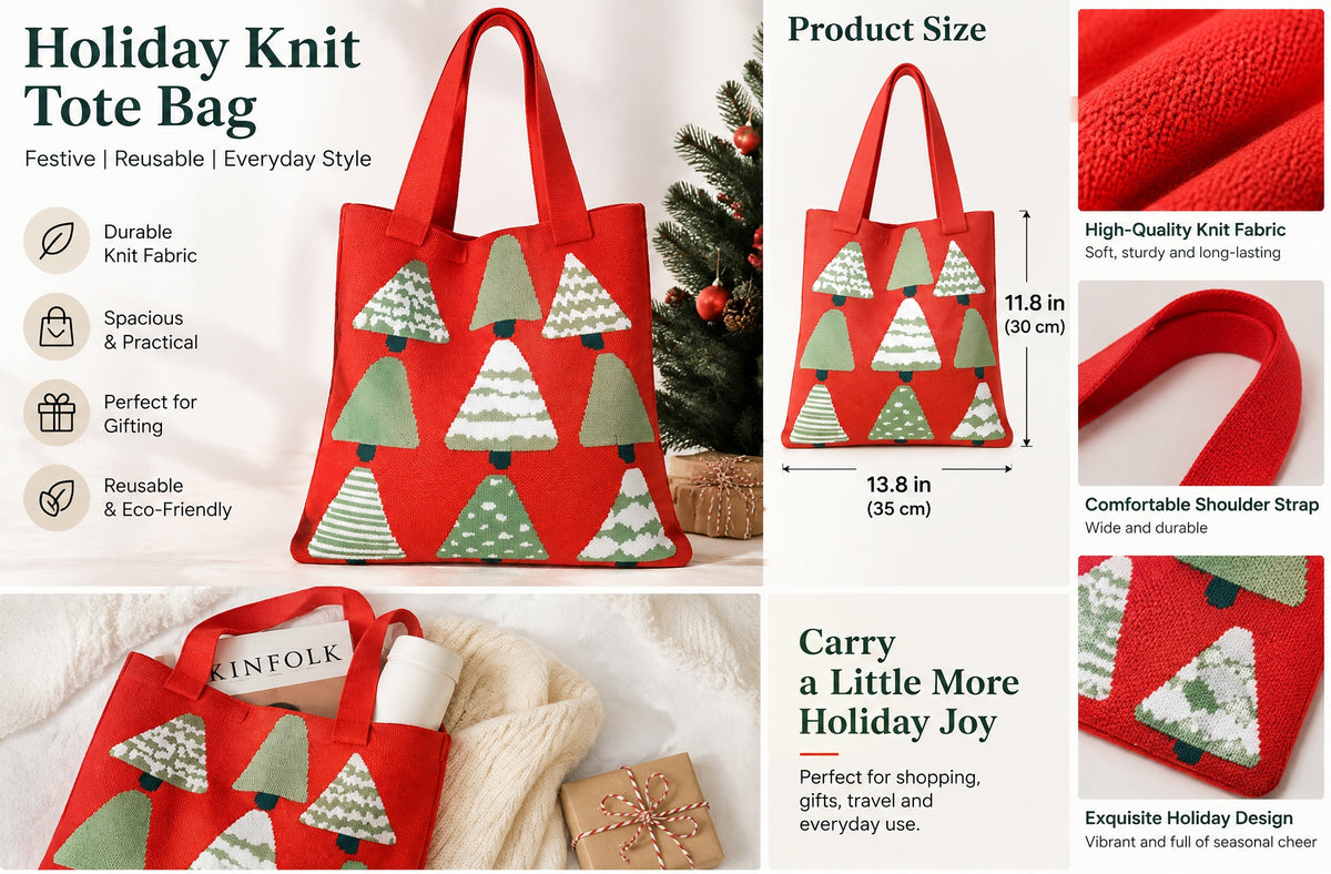 Christmas Tree Graphic Knit Wide Straps Tote Bag