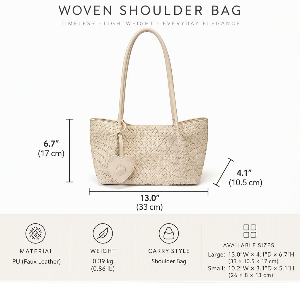 Woven PU Leather Shoulder Tote Bag with Heart Charm