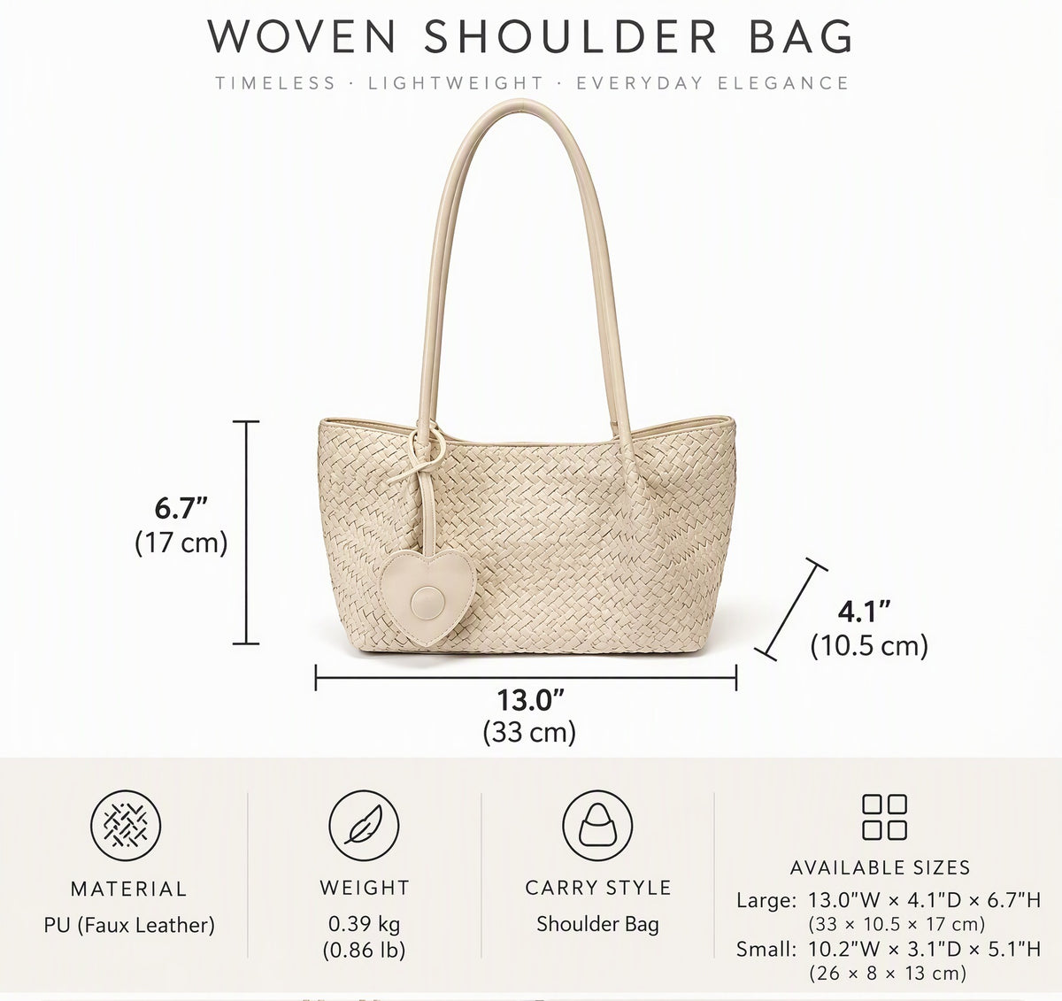 Woven PU Leather Shoulder Tote Bag with Heart Charm