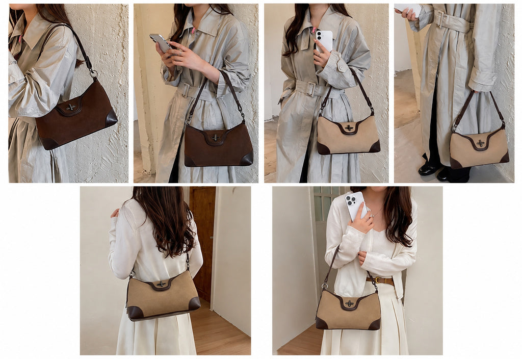 Vintage Suede Shoulder Bag with Turn-Lock