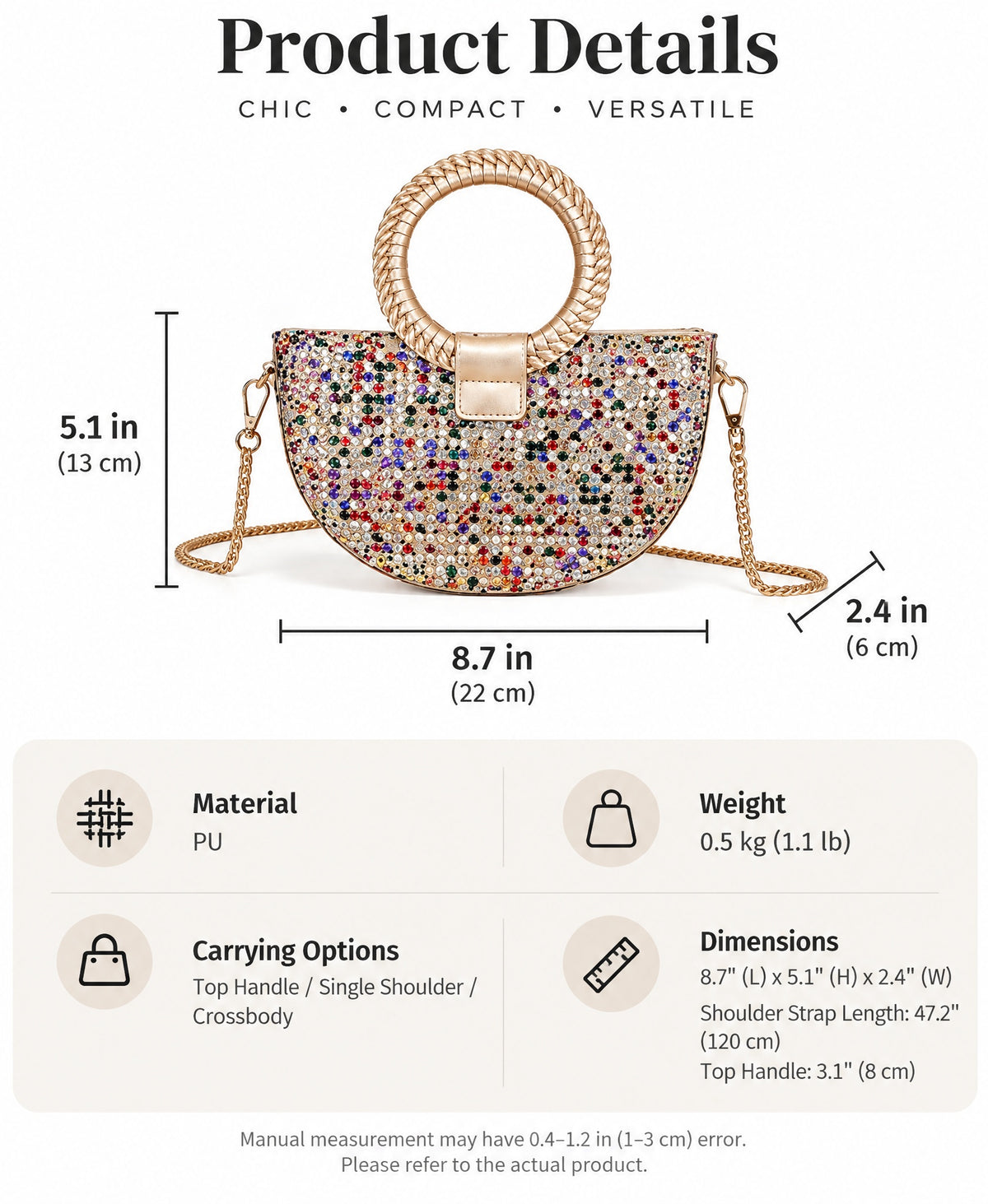 Rhinestone Embellished Half Moon Handbag with Braided Round Handles