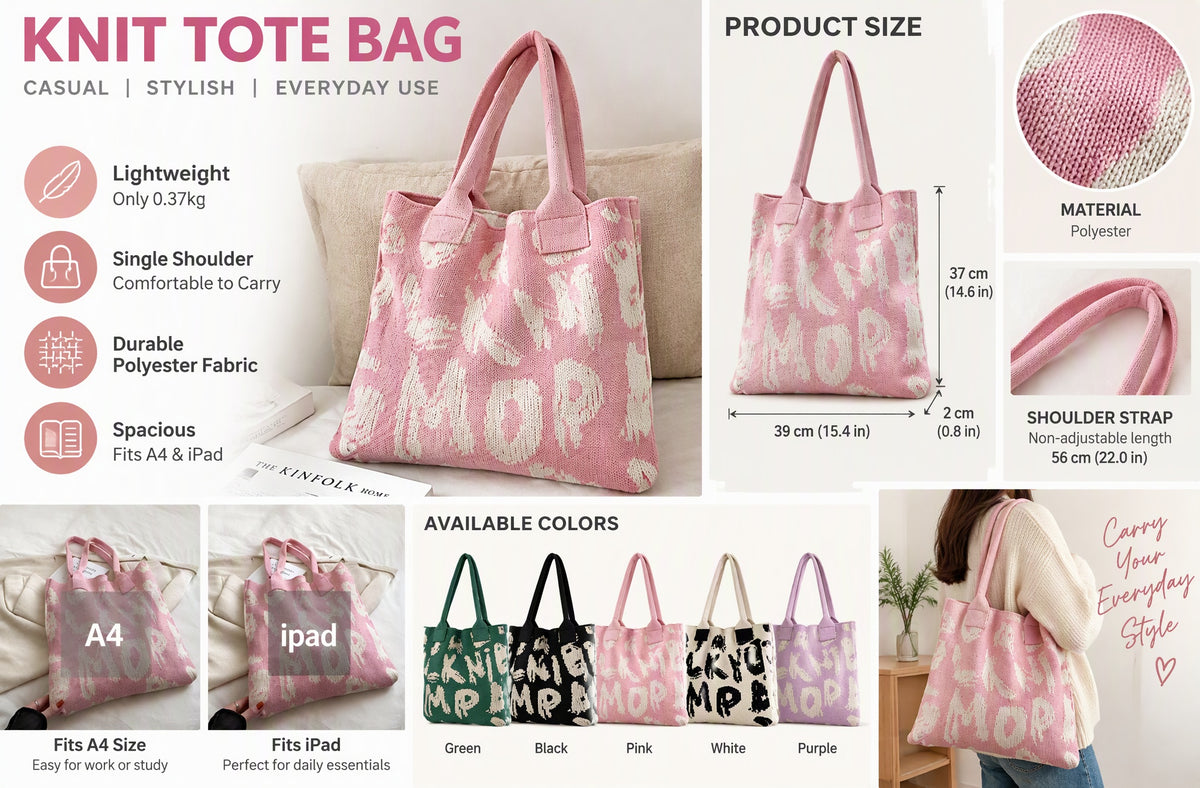 Graphic Letter Knit Tote with Reinforced Straps