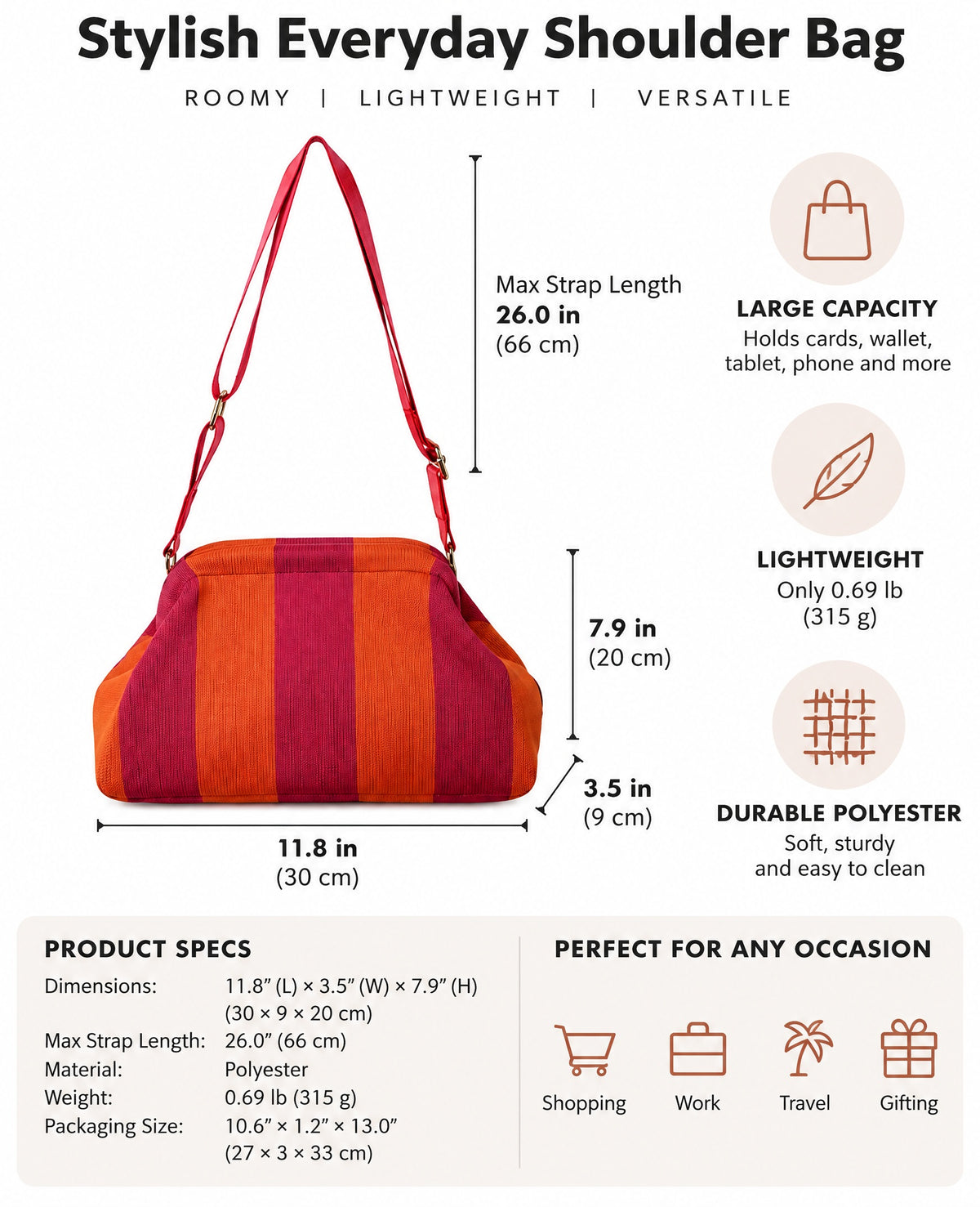 Striped Kiss Lock Adjustable Shoulder Strap Crossbody Bag
