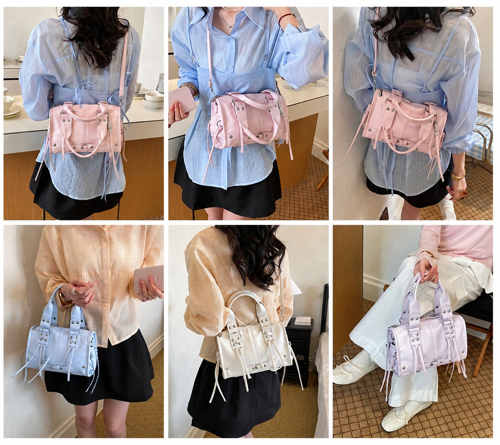 Y2K Studded Lace-Up Mini Boston Shoulder Bag