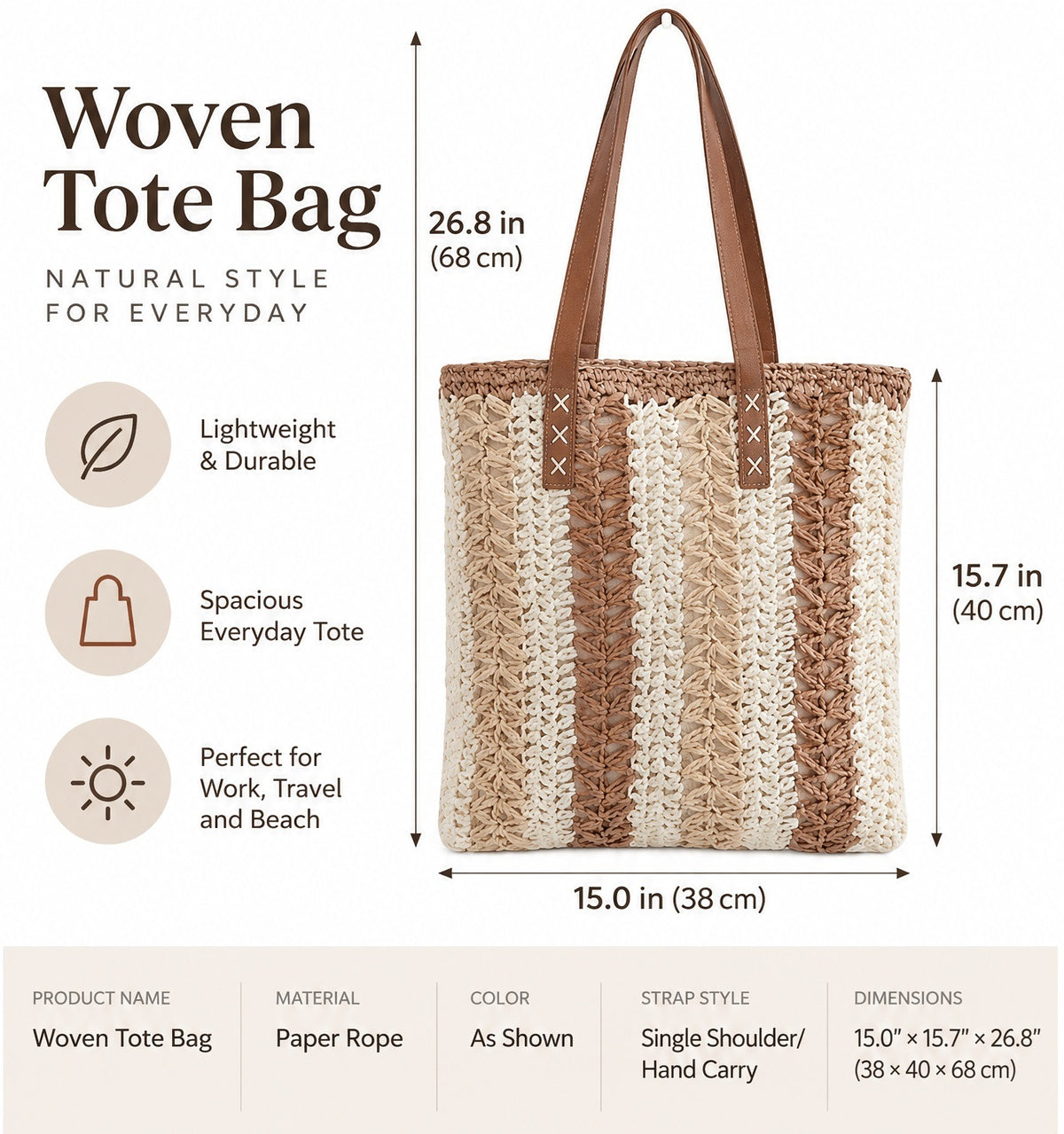 Casual Woven Striped Long Shoulder Handles Tote Bag