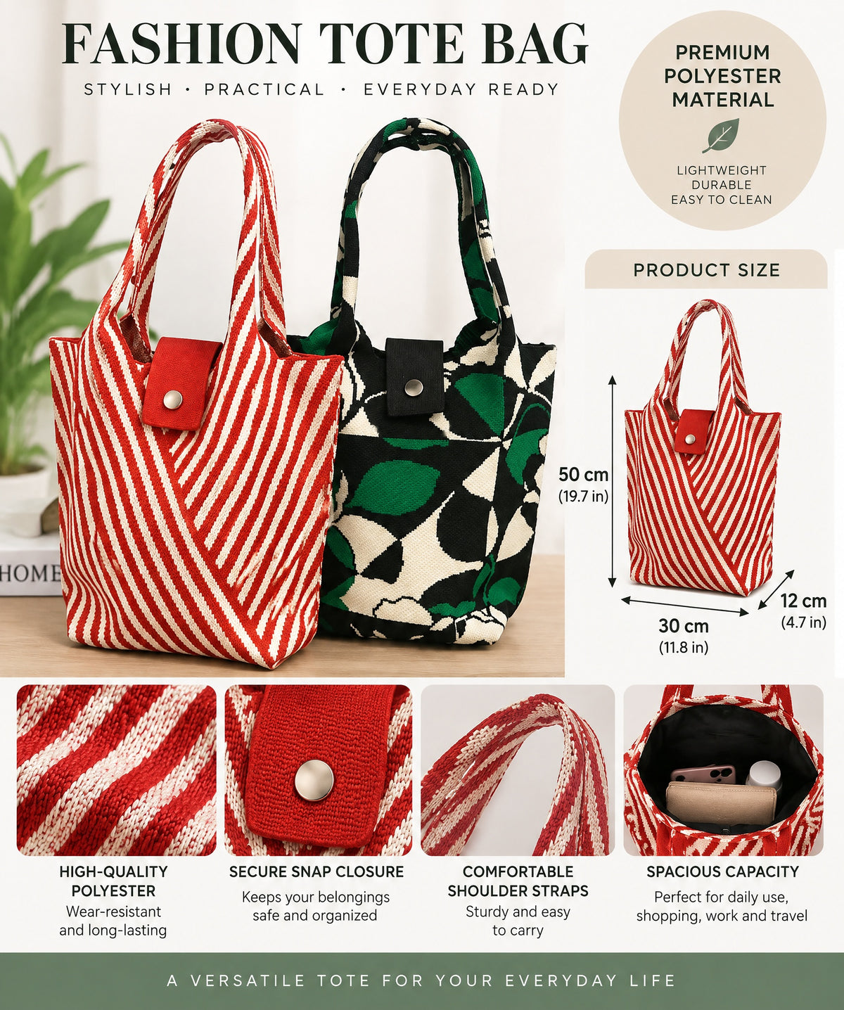 Retro Floral Knitted Snap Closure Tote Bag