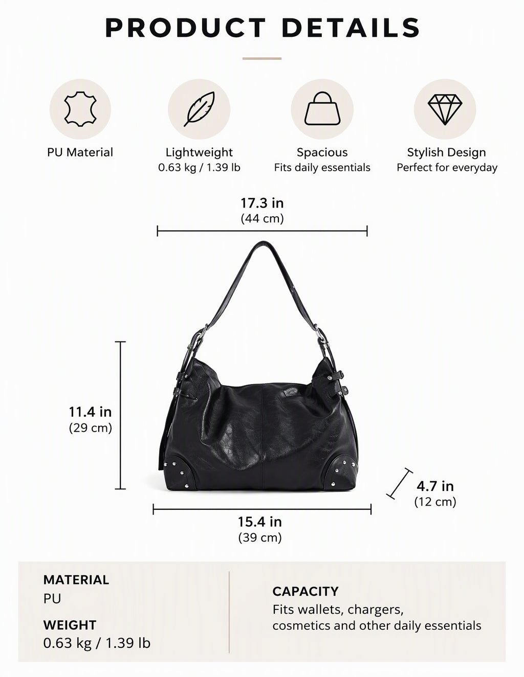 Slouchy Studded Hobo Bag with Buckle Details